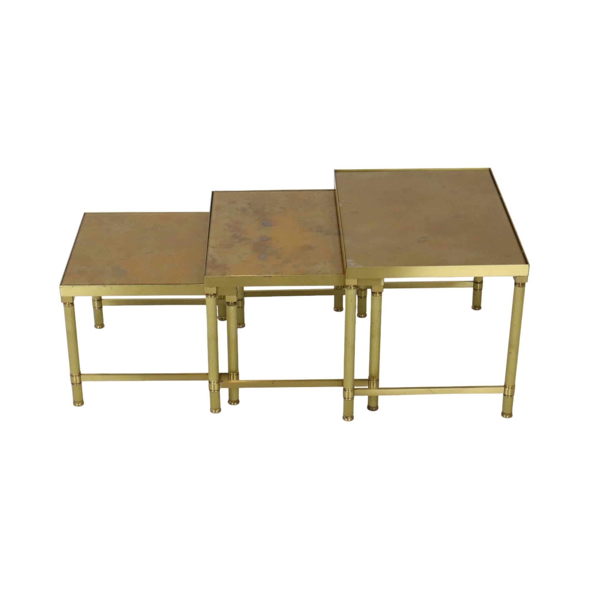 Mid-Century Modern Design Set of 3 Nesting Tables Brass Copper Glass Gold Style Maison Jansen For Sale