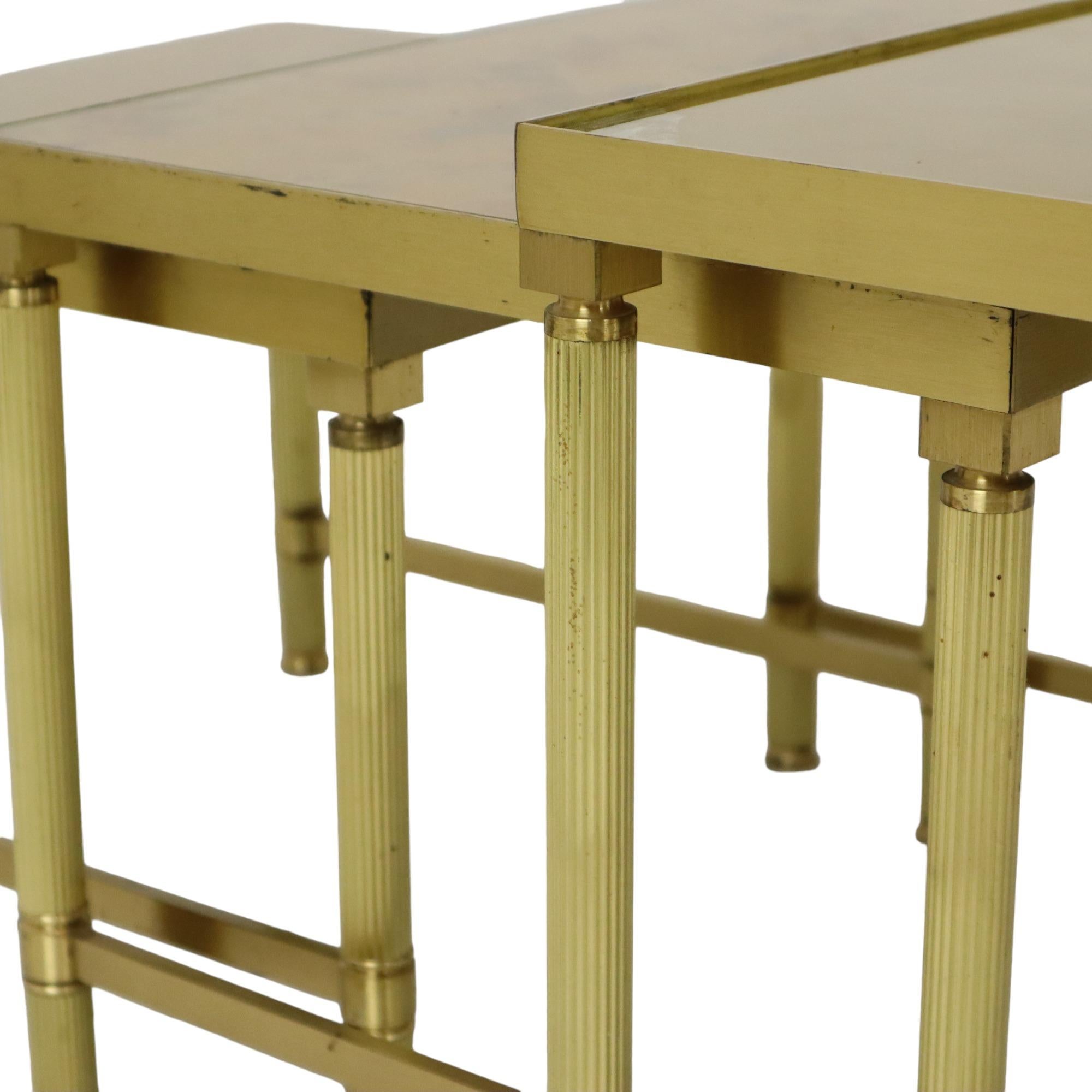 20th Century Design Set of 3 Nesting Tables Brass Copper Glass Gold Style Maison Jansen For Sale