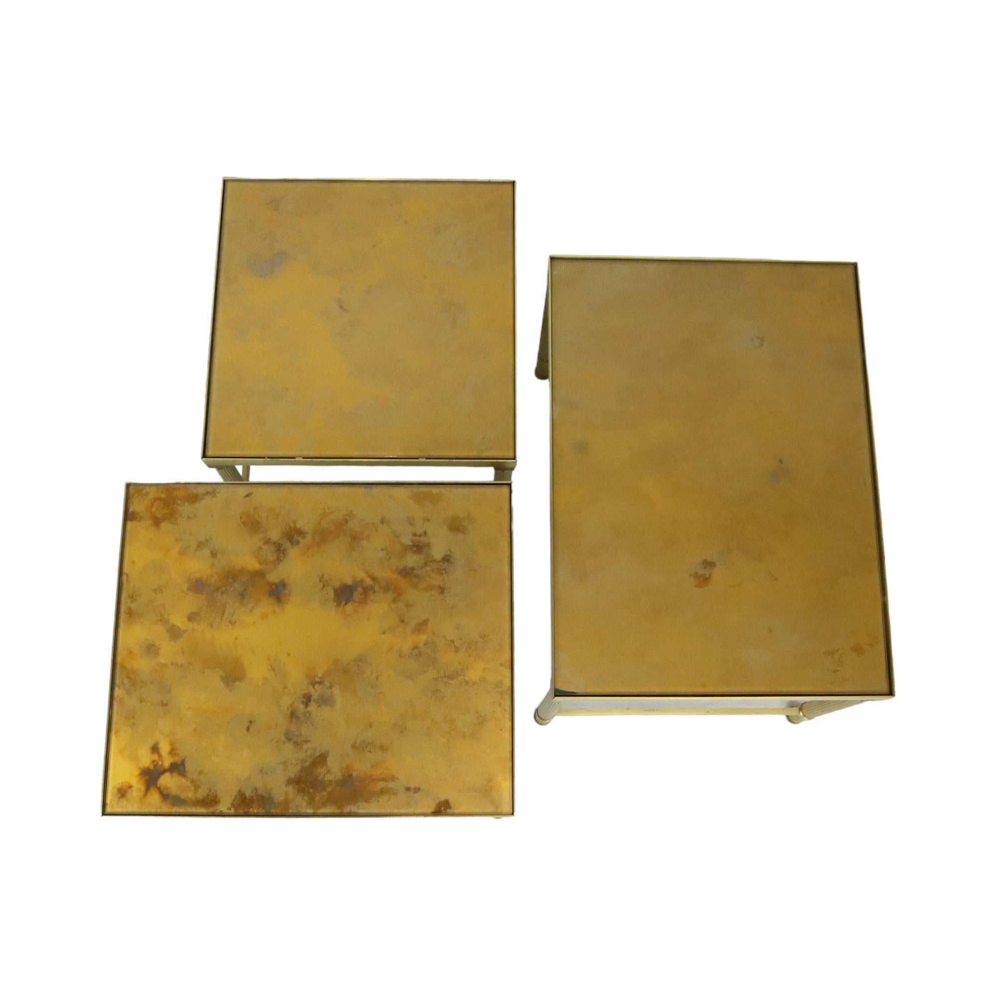 Metal Design Set of 3 Nesting Tables Brass Copper Glass Gold Style Maison Jansen For Sale