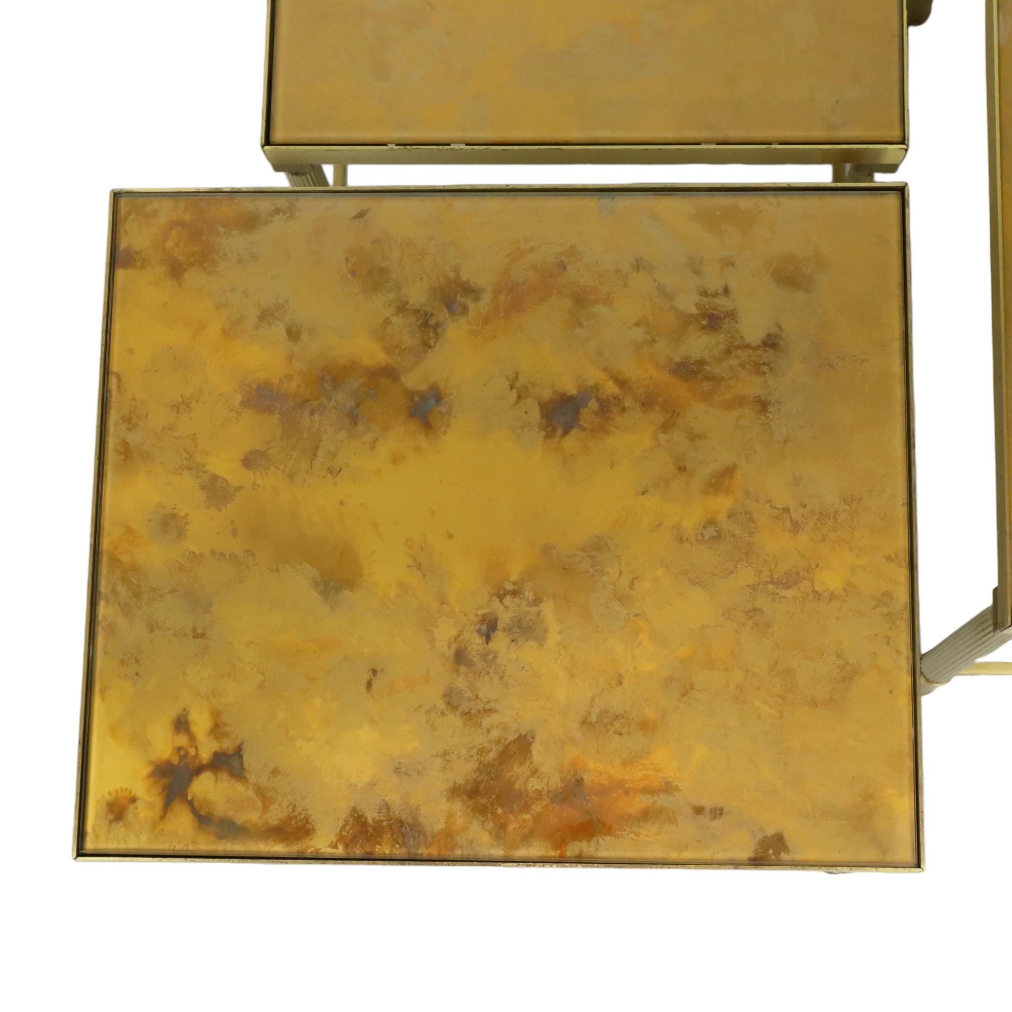 Design Set of 3 Nesting Tables Brass Copper Glass Gold Style Maison Jansen For Sale 1