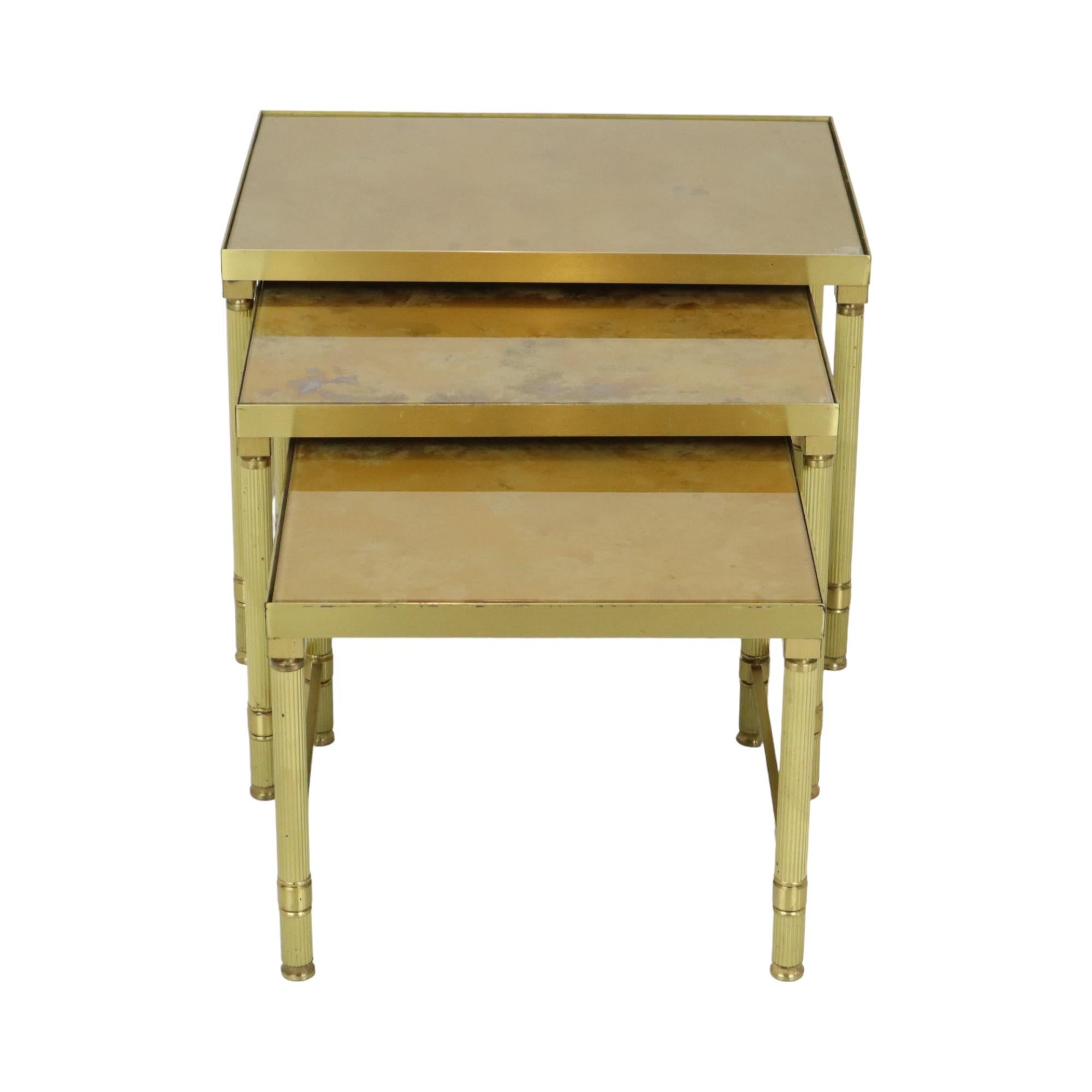 Design Set of 3 Nesting Tables Brass Copper Glass Gold Style Maison Jansen For Sale 2