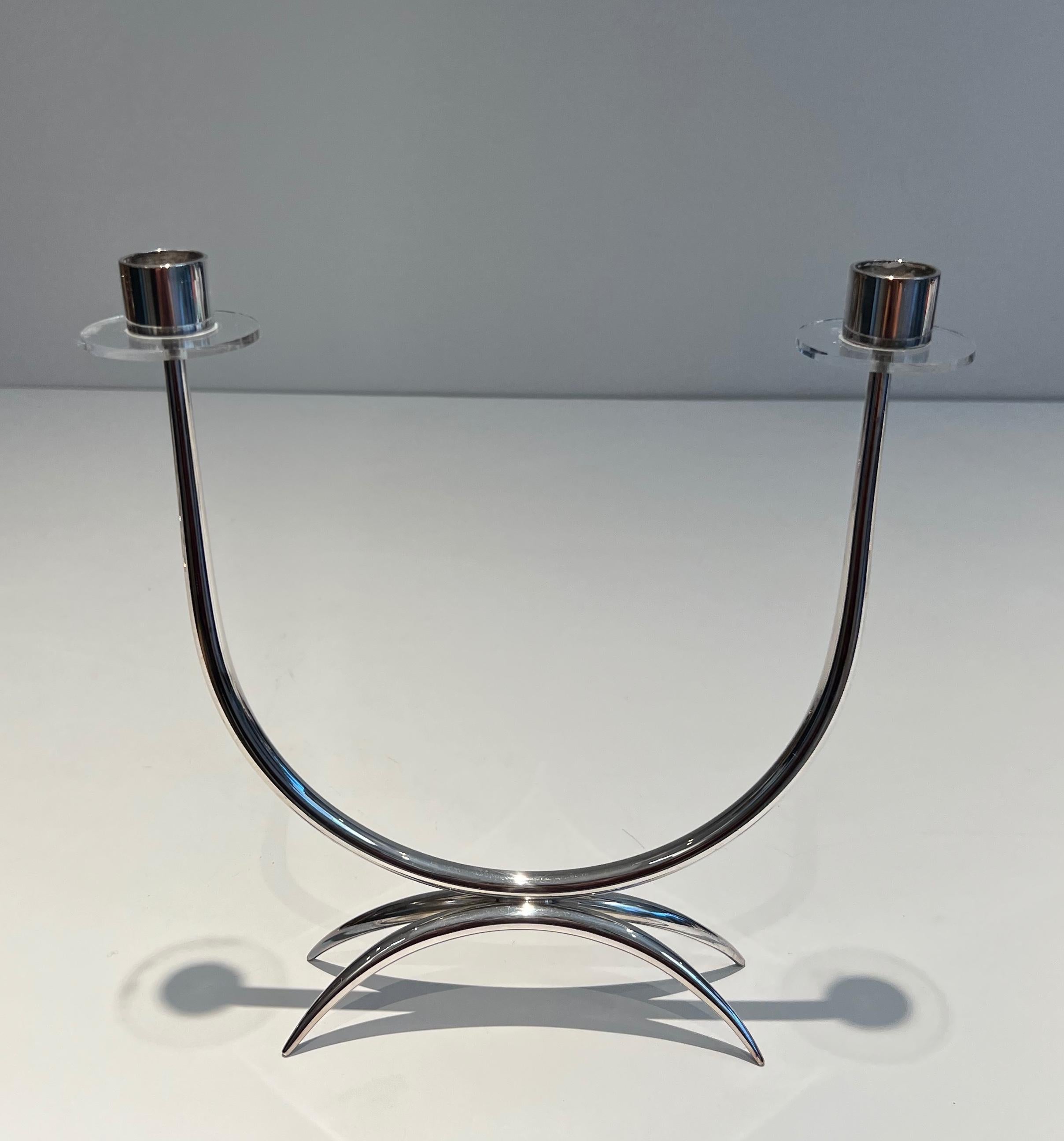This nice design candlestick with 2 candles is made of silvered metal and lucite. This is a French work. Circa 1970