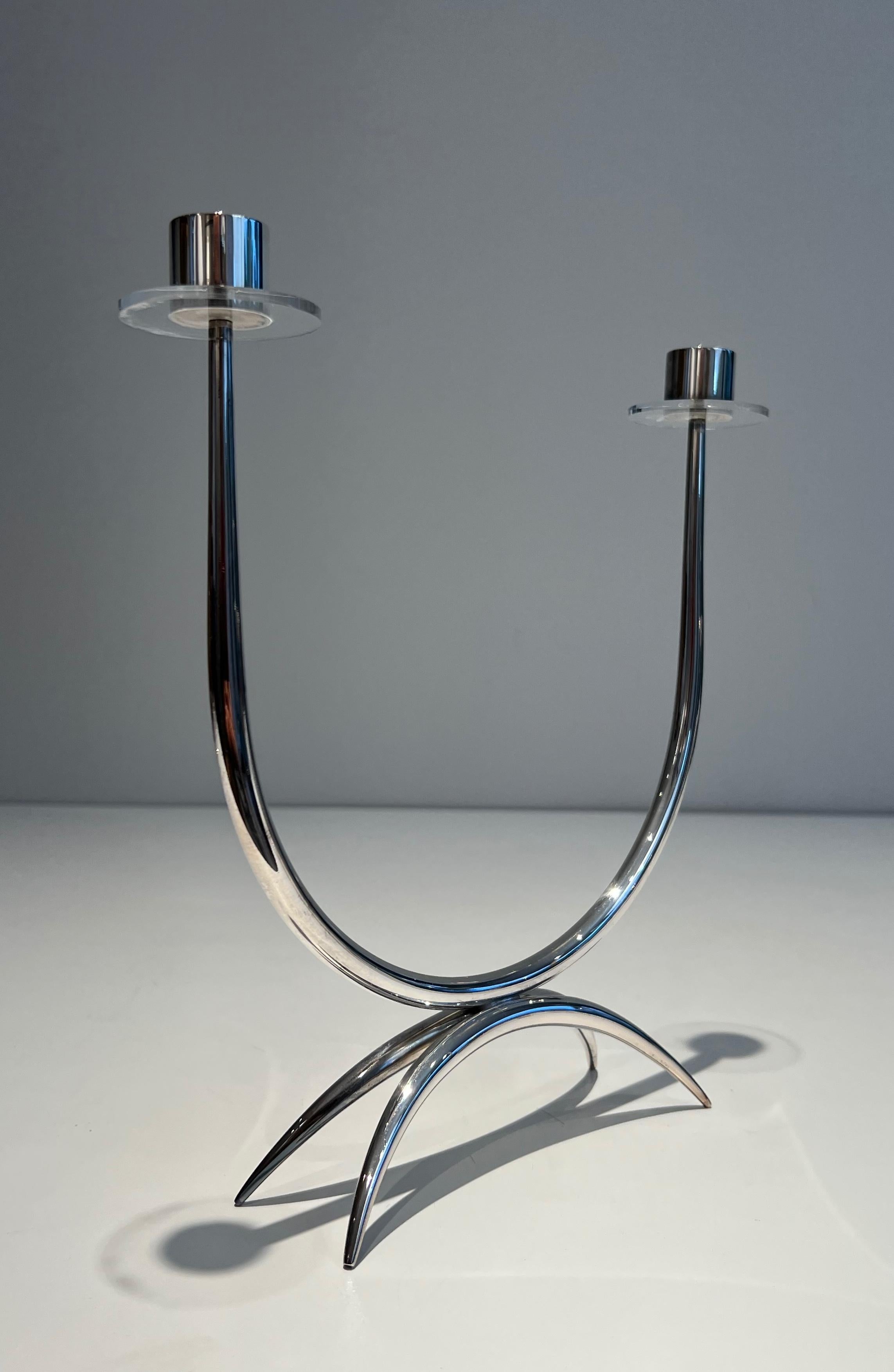Mid-Century Modern Design Silvered Metal and Lucite Candlestick For Sale