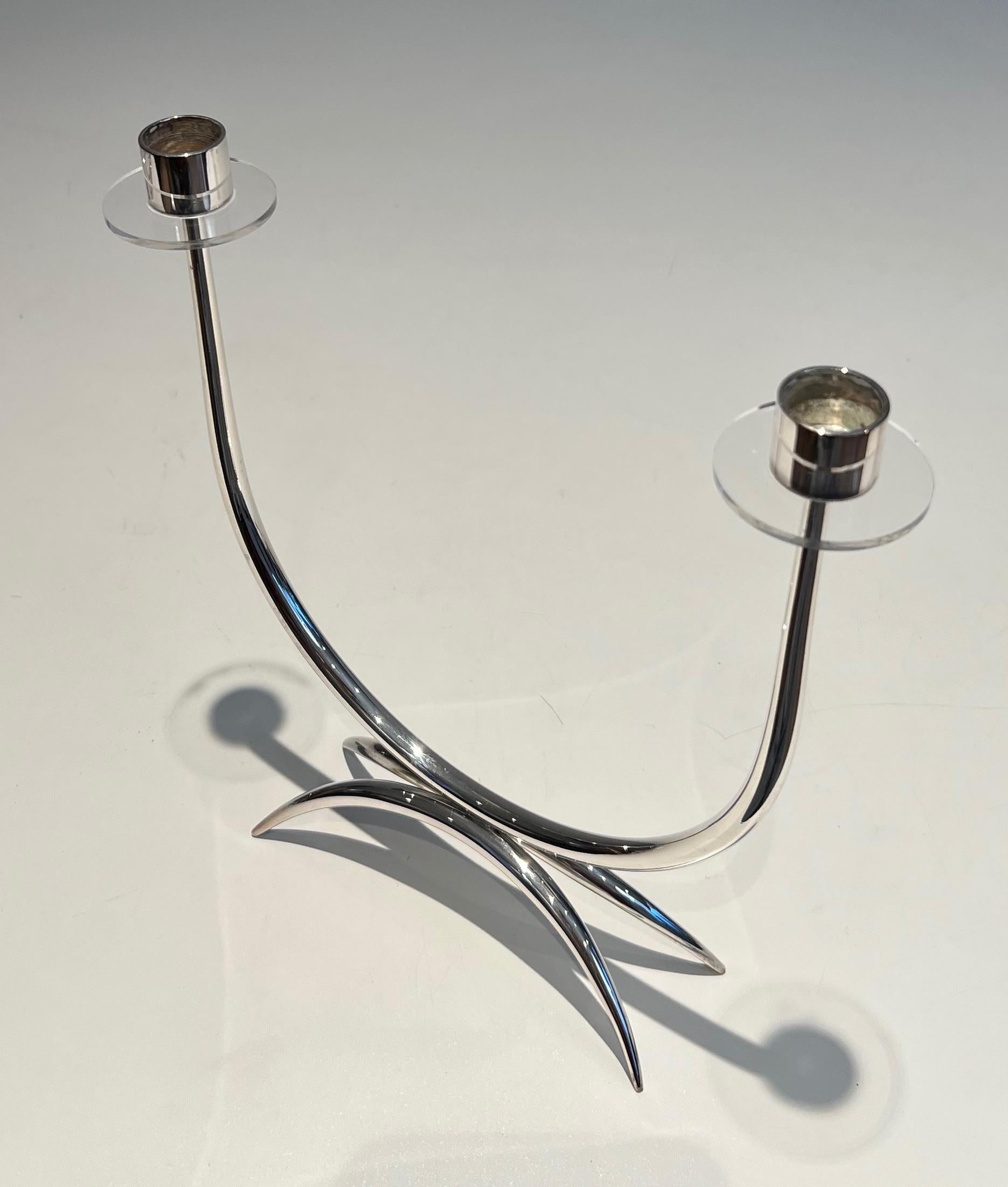 French Design Silvered Metal and Lucite Candlestick For Sale