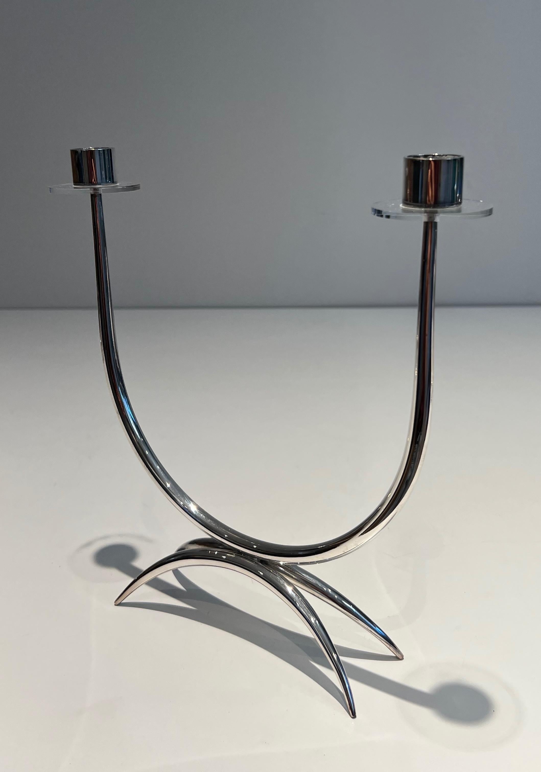 Design Silvered Metal and Lucite Candlestick In Good Condition For Sale In Marcq-en-Barœul, Hauts-de-France