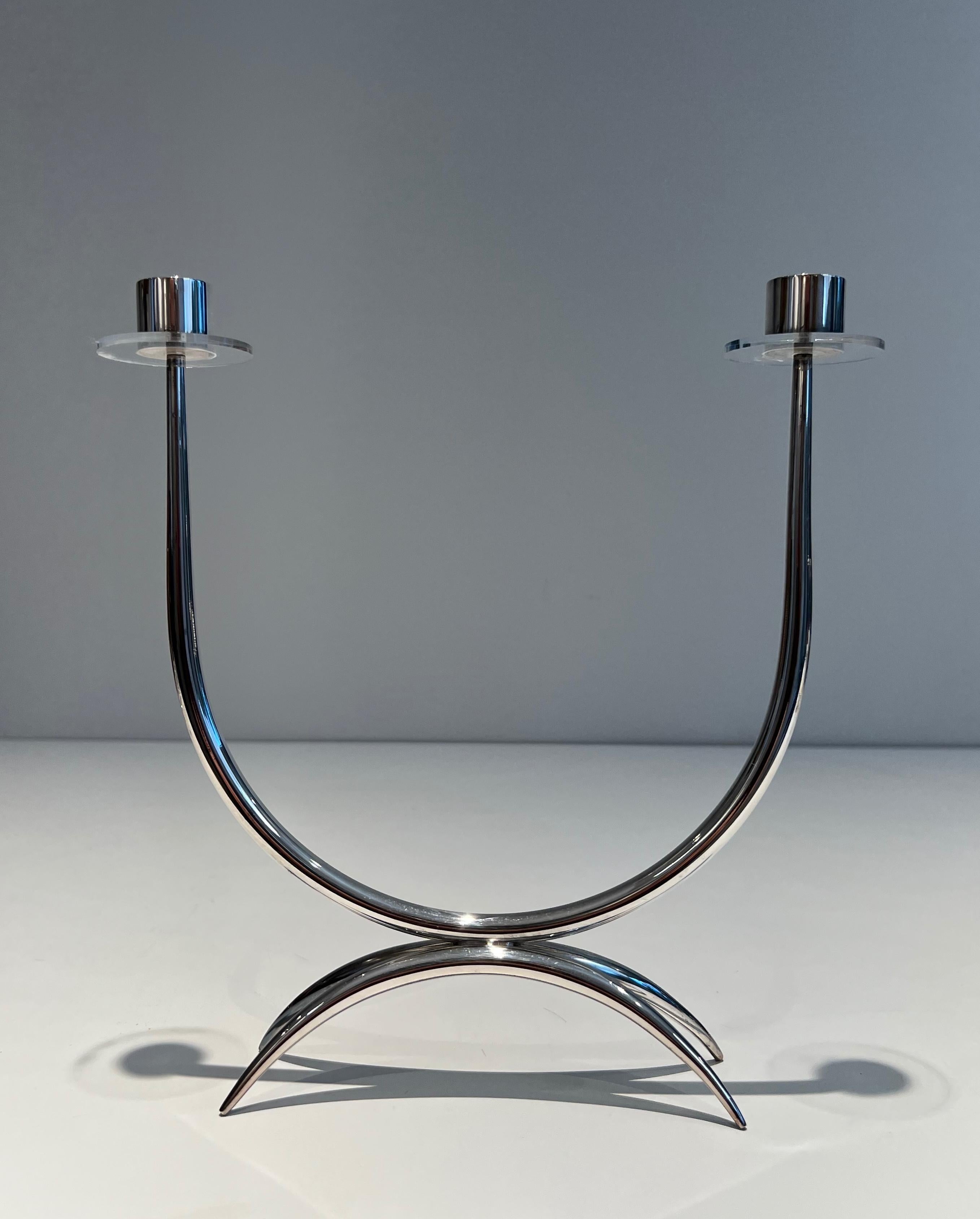 Late 20th Century Design Silvered Metal and Lucite Candlestick For Sale
