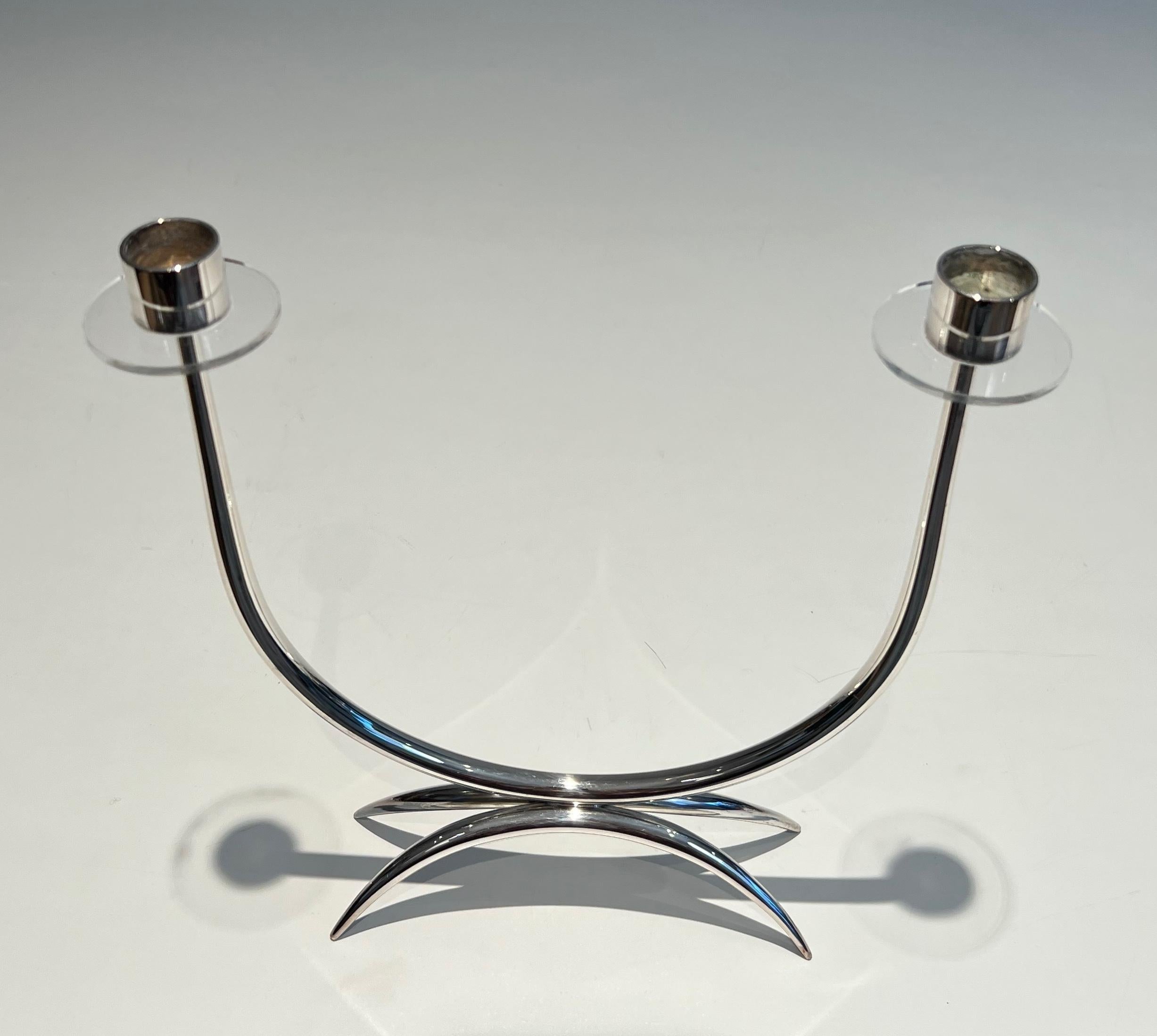 Design Silvered Metal and Lucite Candlestick For Sale 1
