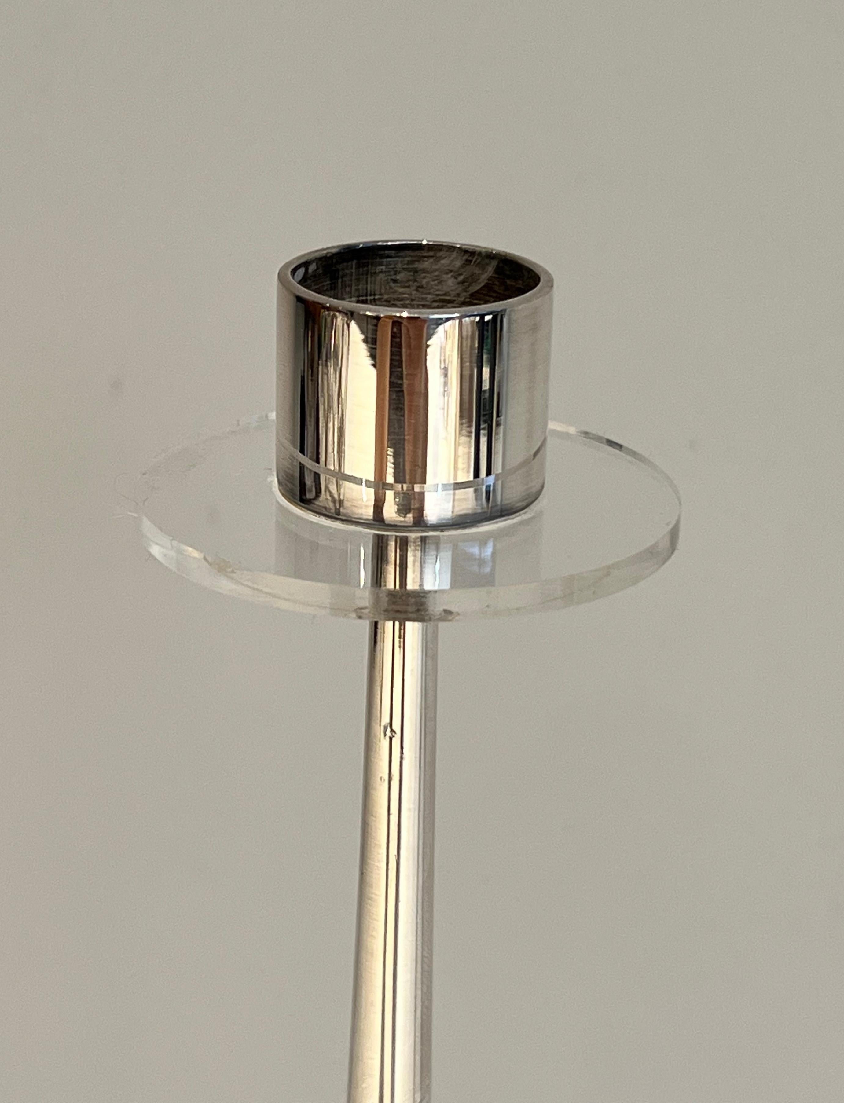 Design Silvered Metal and Lucite Candlestick For Sale 3