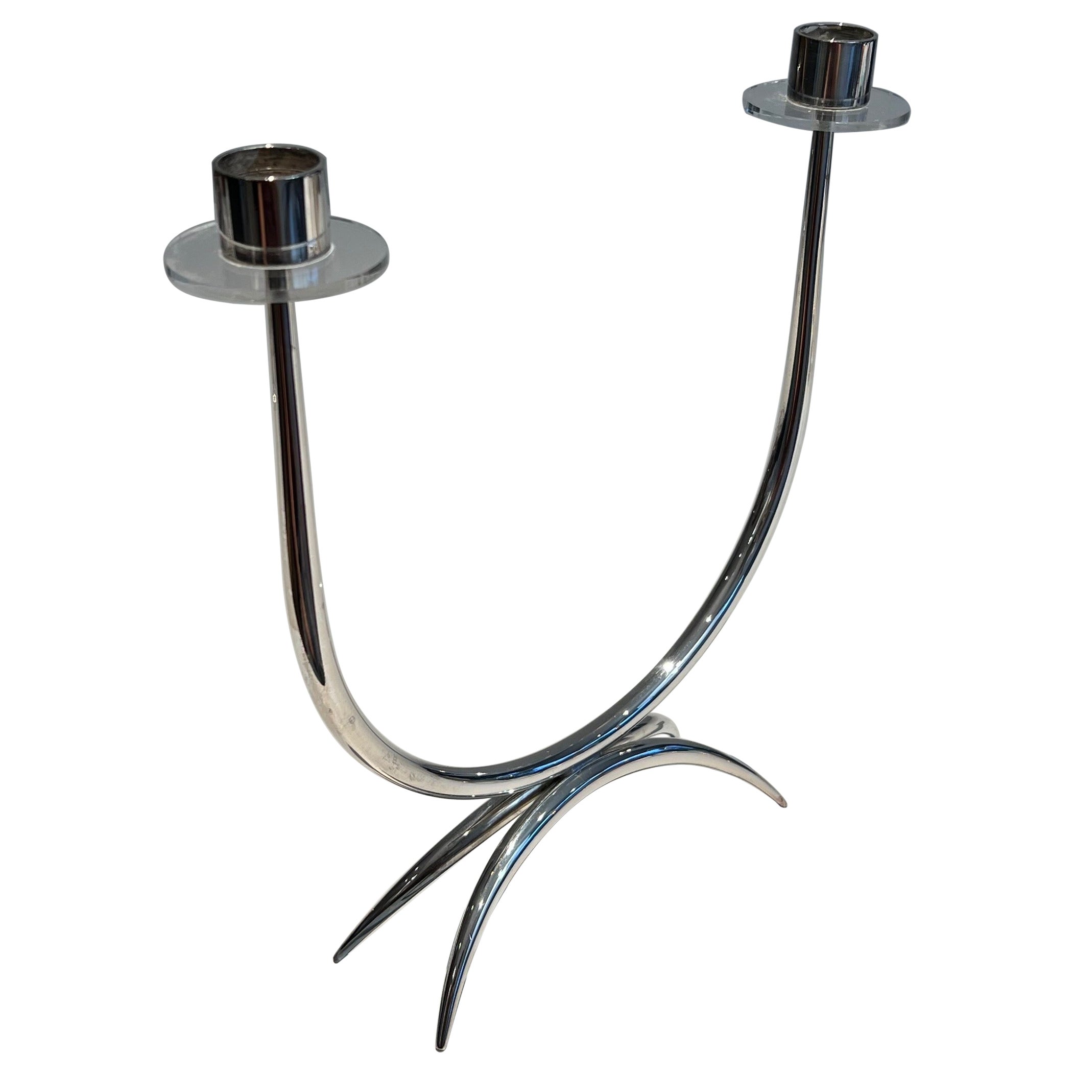 Design Silvered Metal and Lucite Candlestick For Sale