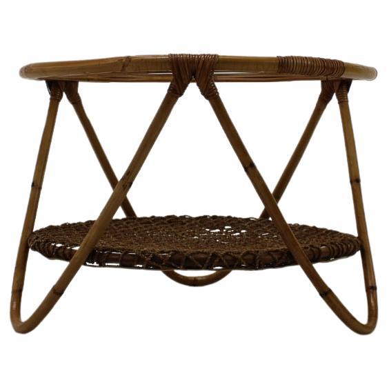 Vintage table designed by Jan Kalous, manufactured by ULUV, in the 1970's, Czechoslovakia.
Made of wood, bamboo and glass.
Cleaned, used revitalizing wood oil.
Fully functional.