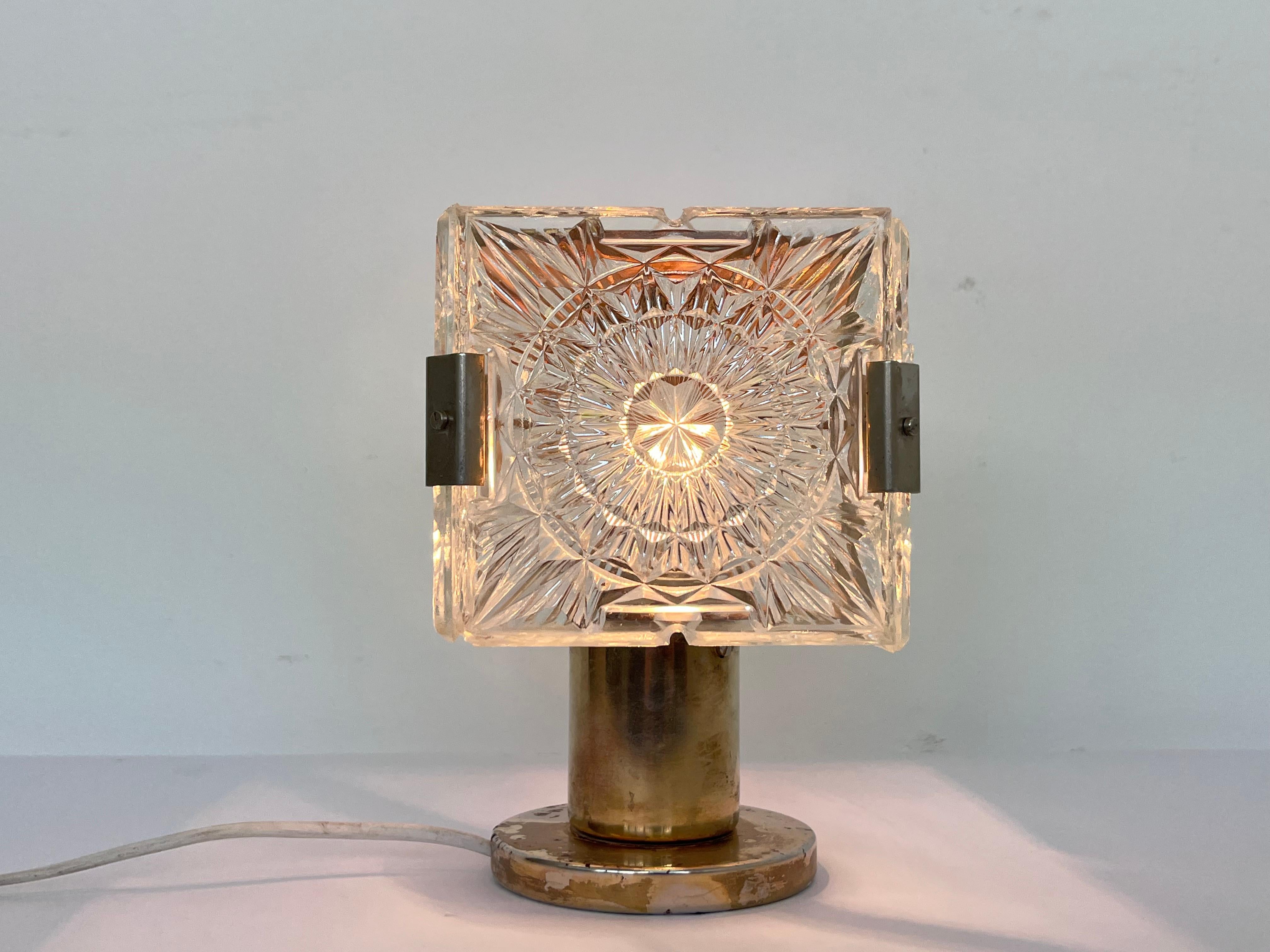 Mid-Century Modern Design Table Crystal Glass brass Lamp by Kamenicky Senov, 1970s For Sale