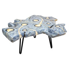 Design Teak Wood Coffee Table "Peacock" on Black Feet Hand Painted by Artist