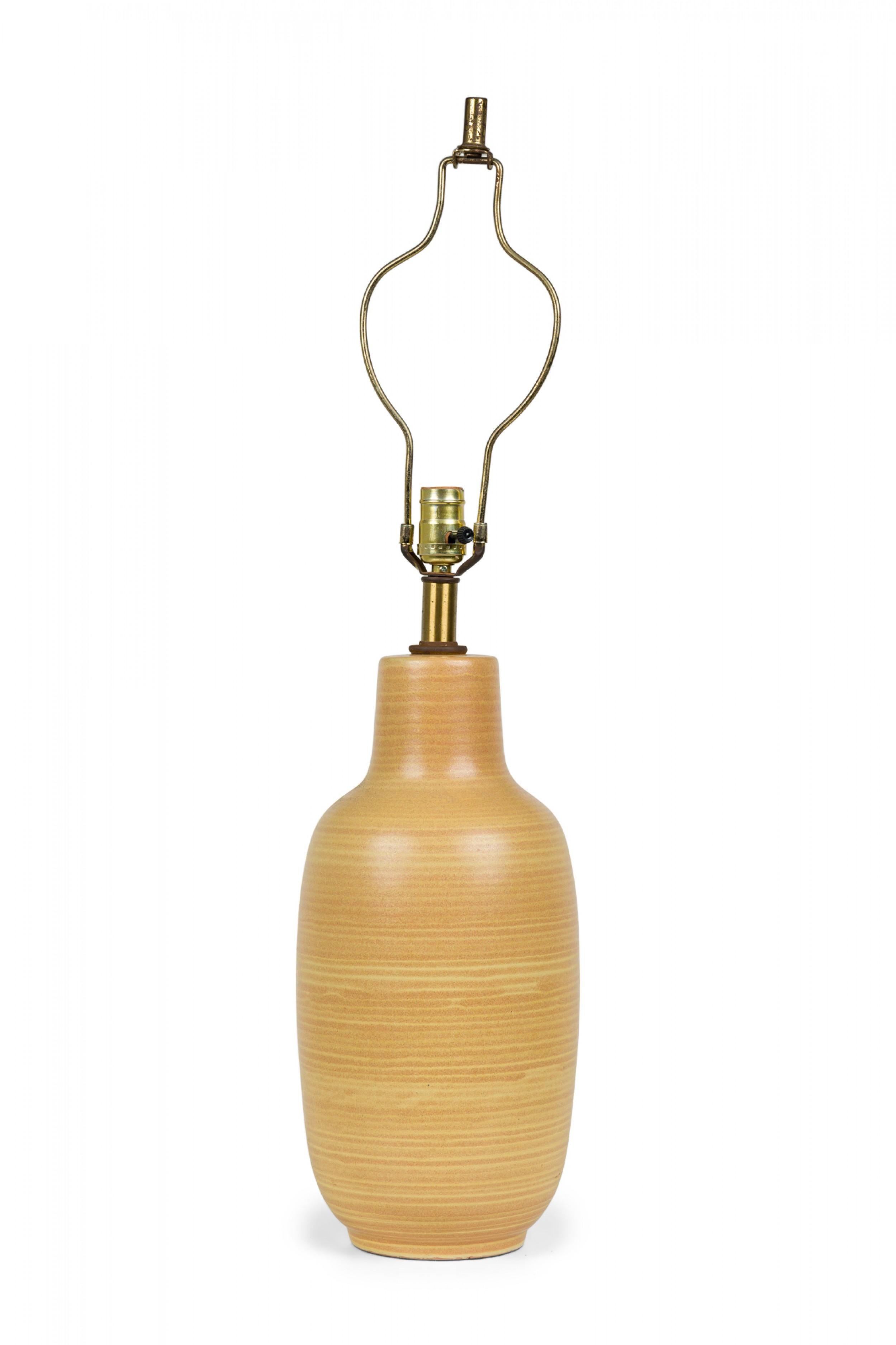 Brass Design Technics American Ceramic Bottle Form Mustard Glazed Table Lamp For Sale