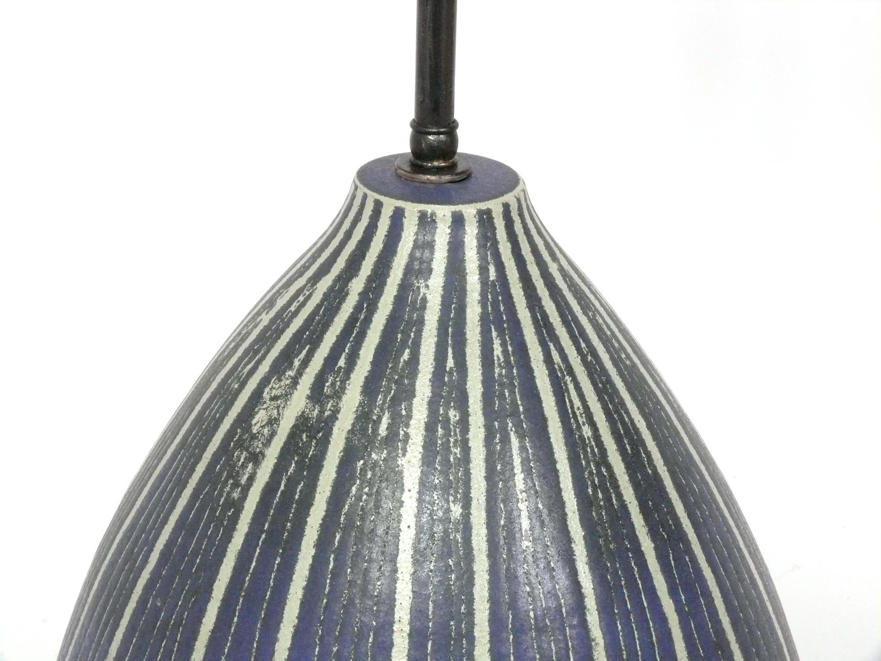Mid-Century Modern Design Technics Blue Striped Ceramic Lamp For Sale