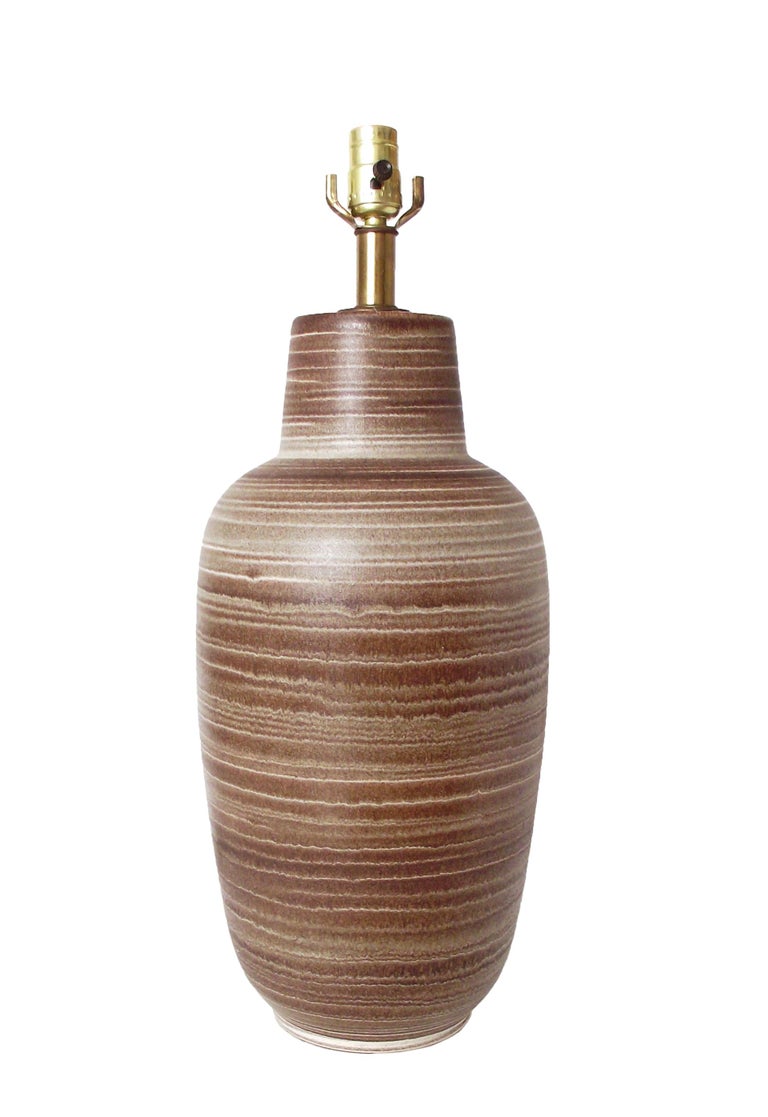 Mid-Century Modern Design Technics Ceramic Brown and White Striped Glaze Table Lamp For Sale