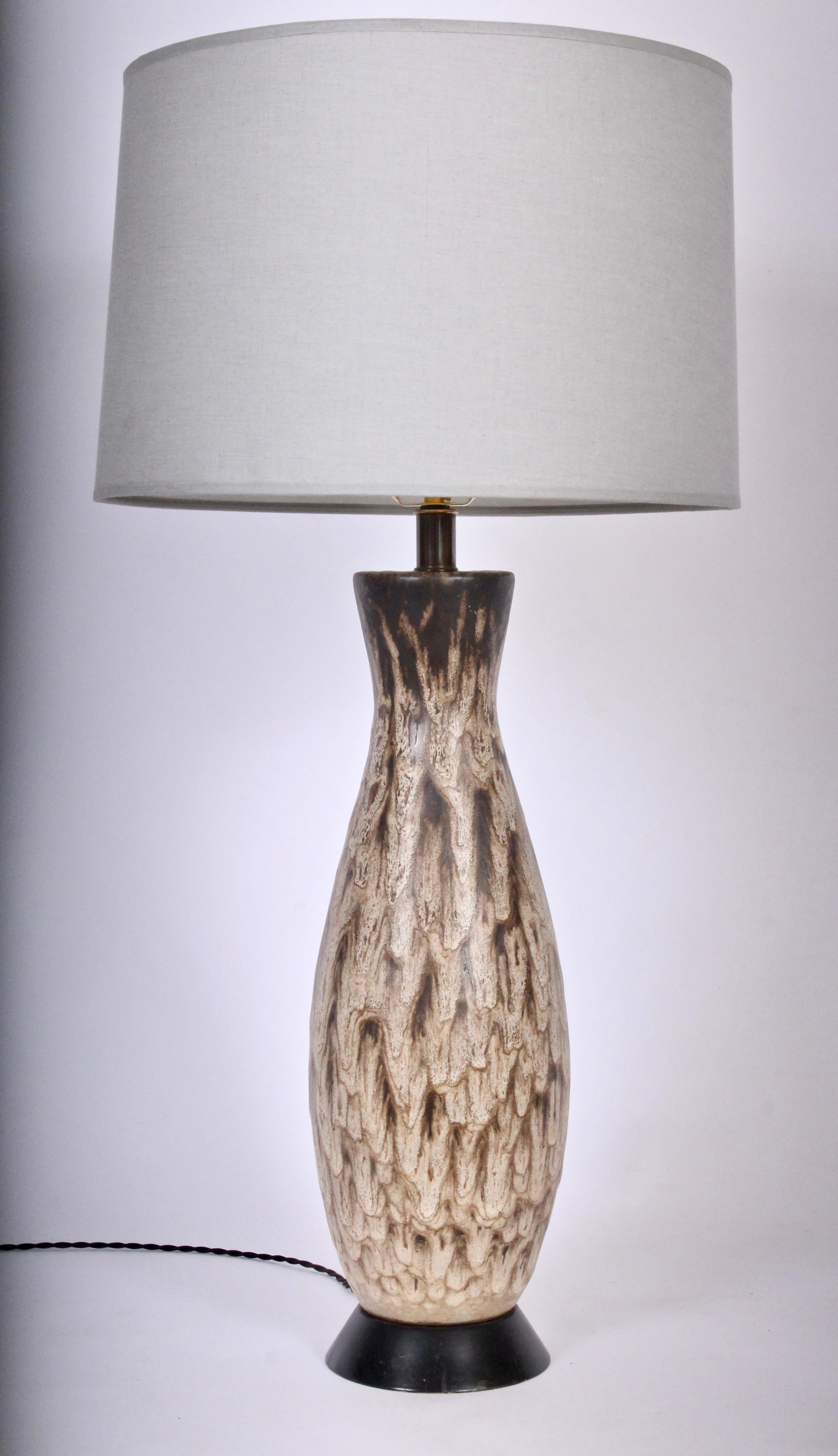 Tall Design Technics Mottled Taupe Drip Glaze Art Pottery Table Lamp, 1960's For Sale 1