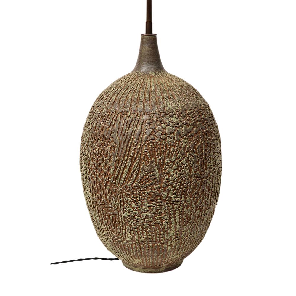 Lee Rosen Design Technics Lamp, Ceramic, Abstract, Sgraffito, Olive, Red, Signed For Sale 4