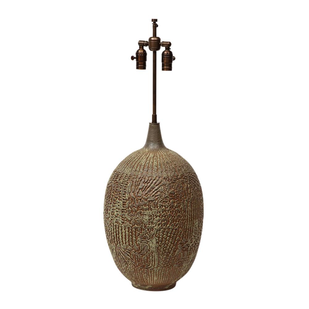 Glazed Lee Rosen Design Technics Lamp, Ceramic, Abstract, Sgraffito, Olive, Red, Signed For Sale