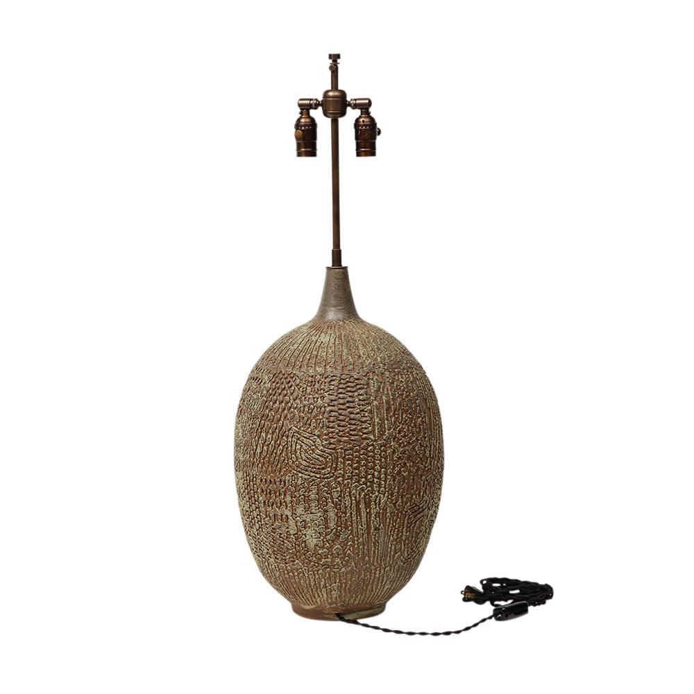 Lee Rosen Design Technics Lamp, Ceramic, Abstract, Sgraffito, Olive, Red, Signed For Sale 2