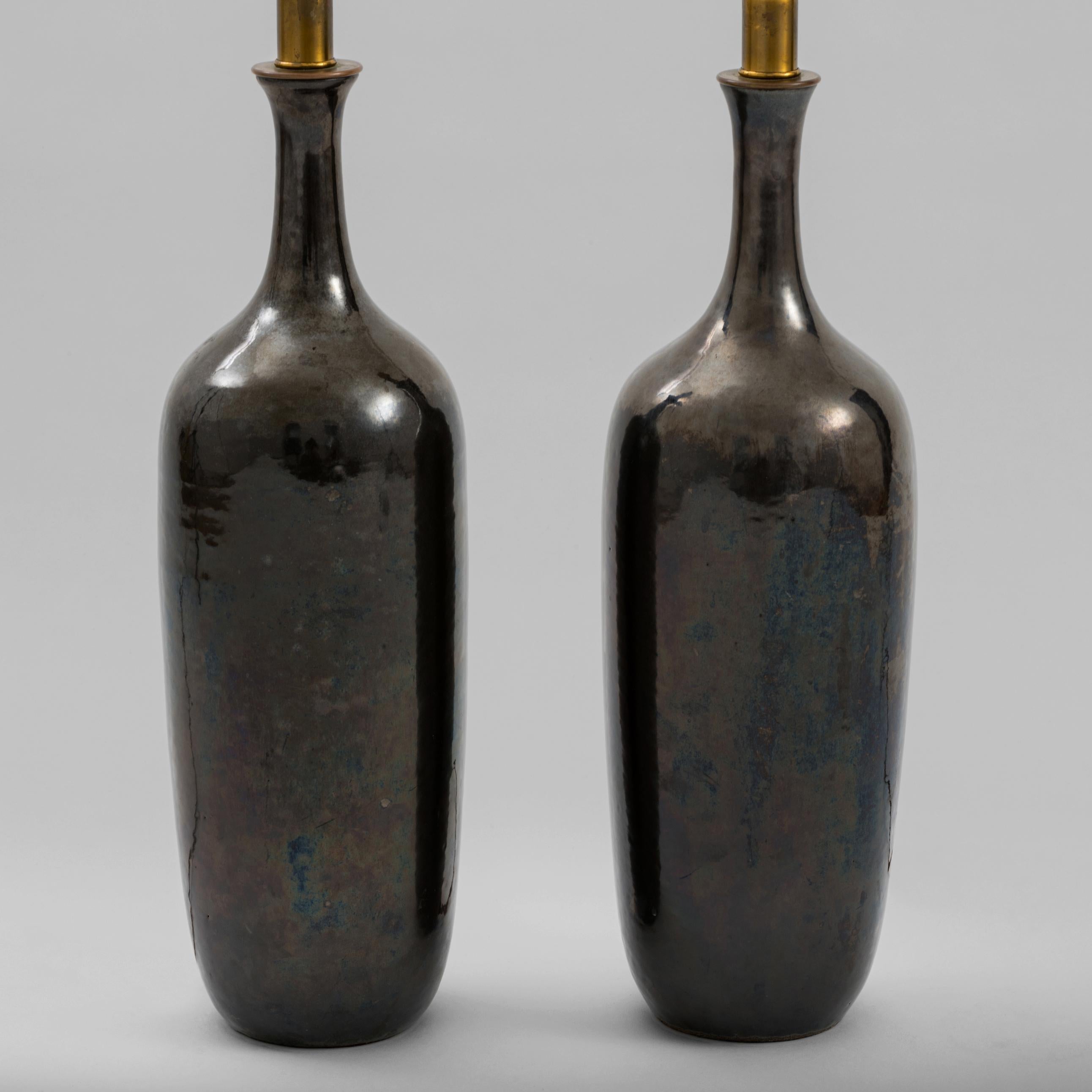 Pair of handthrown, bottle form ceramic table lamps from the 3300 Series, model 3310, designed by Lee Rosen for Design Technics, finished in rare gunmetal glaze, referred to as 