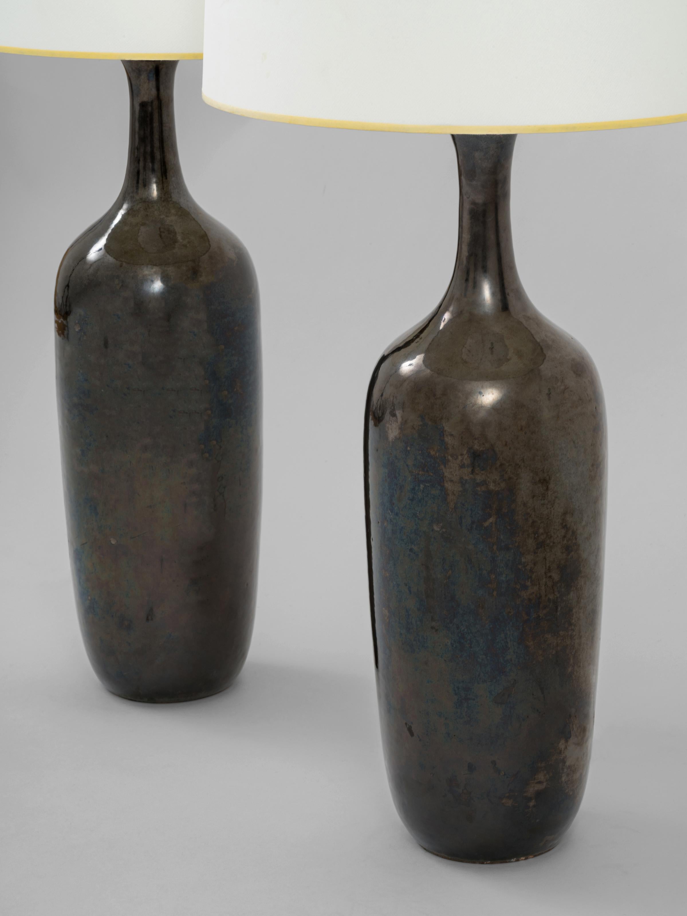 Mid-Century Modern Design Technics Rare Pair of Bottle Form Gunmetal Glaze Ceramic Lamps, 1960s For Sale