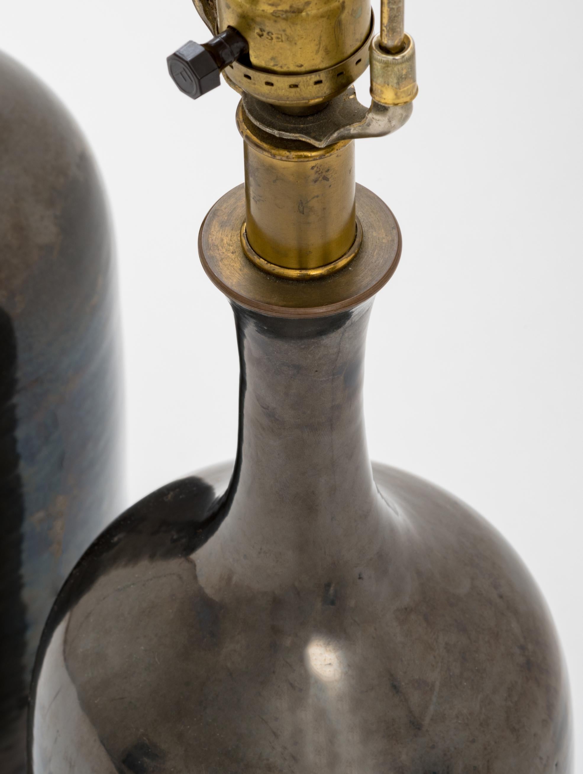 American Design Technics Rare Pair of Bottle Form Gunmetal Glaze Ceramic Lamps, 1960s For Sale