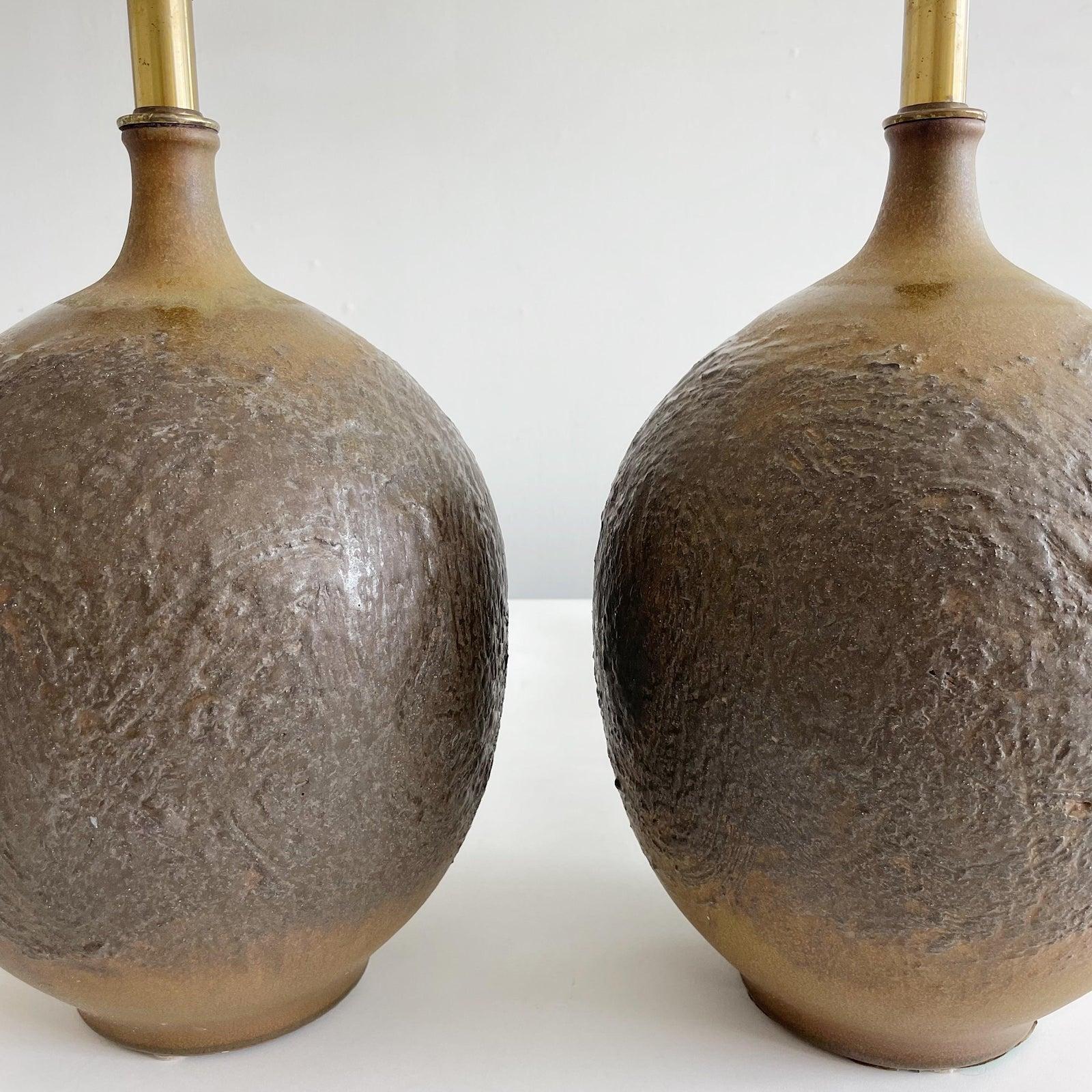 Pair of studio pottery bulbous form, ceramic table lamps, by Lee Rosen for Design Technics, American 1960s. Signed with insignia on the backs. Original wiring.
height to top of socket is 21