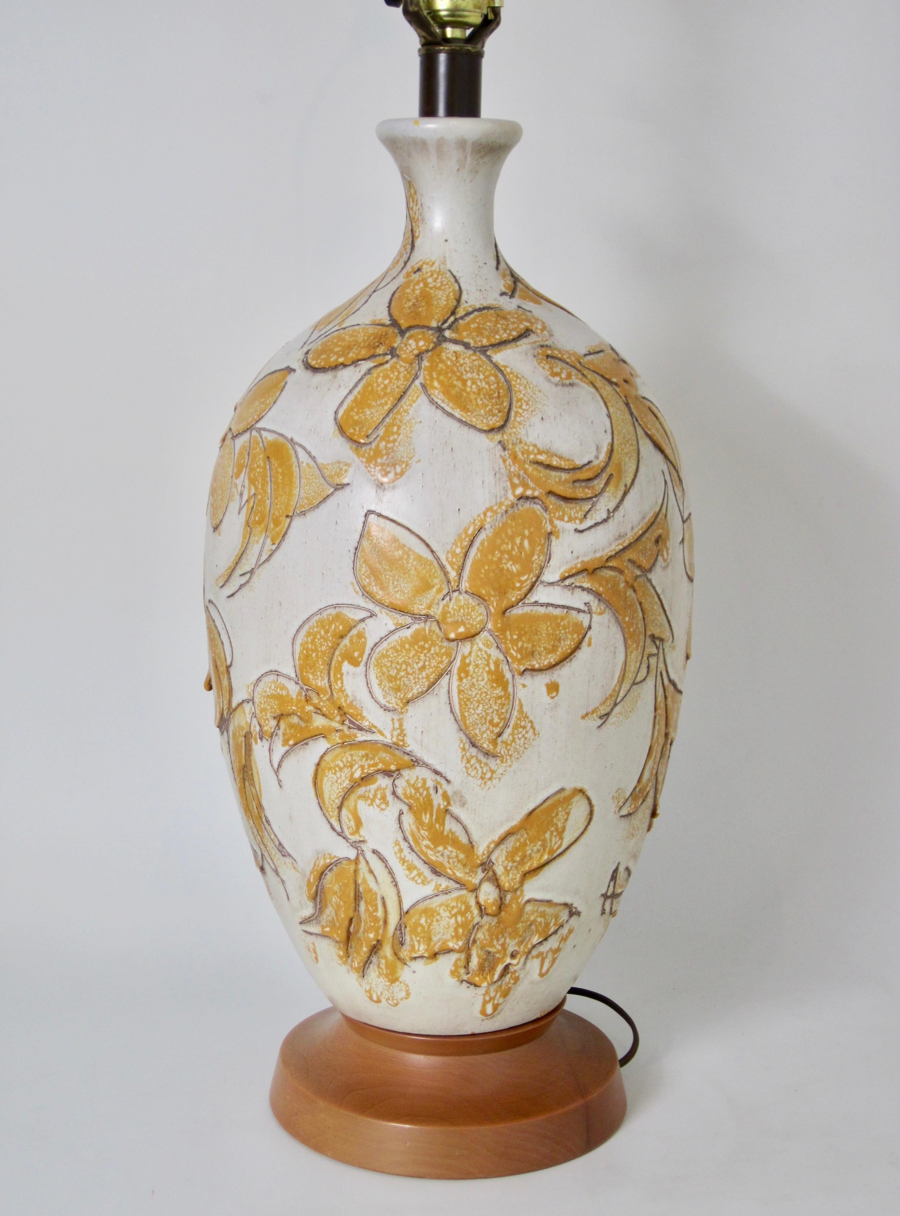 Mid-Century Modern Design Technics Style Incised Floral Stoneware Lamp For Sale