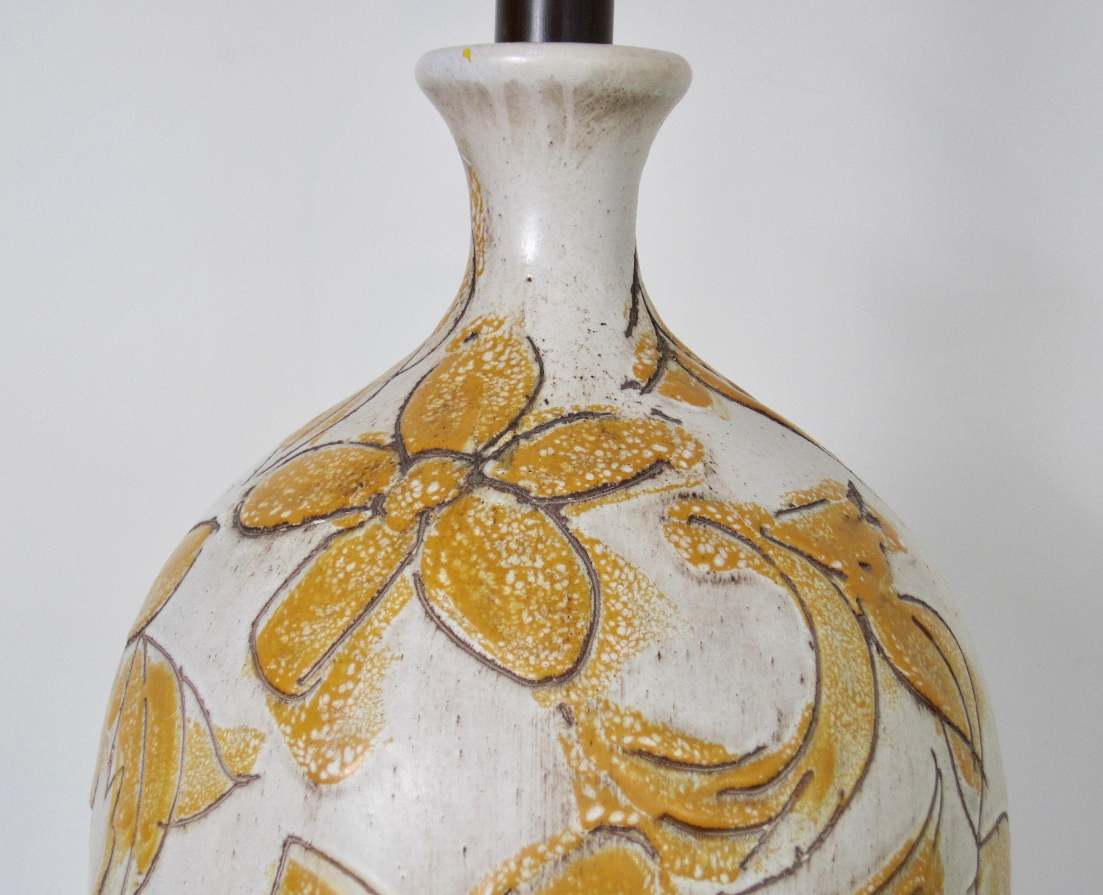 Mid-20th Century Design Technics Style Incised Floral Stoneware Lamp For Sale