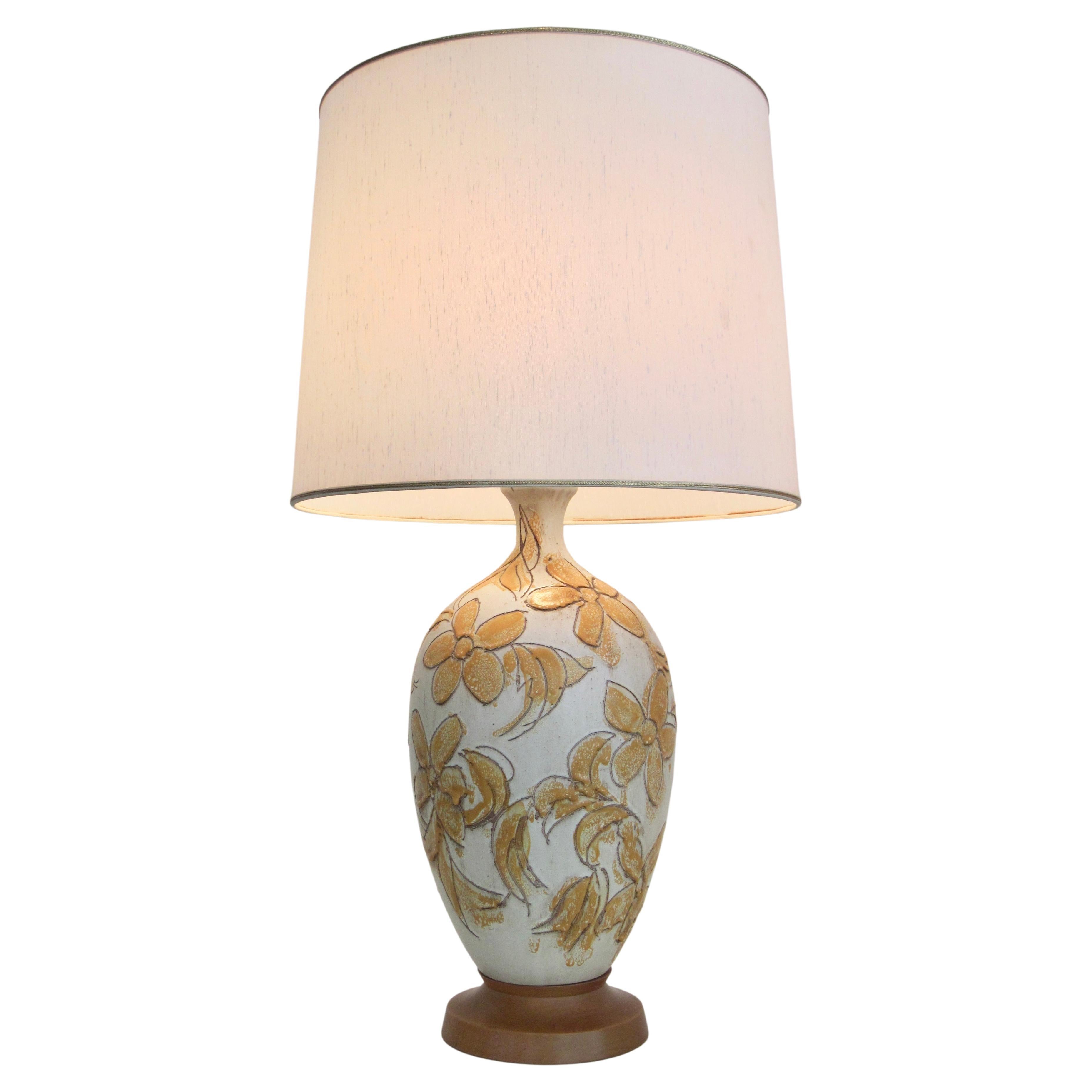 Design Technics Style Incised Floral Stoneware Lamp For Sale