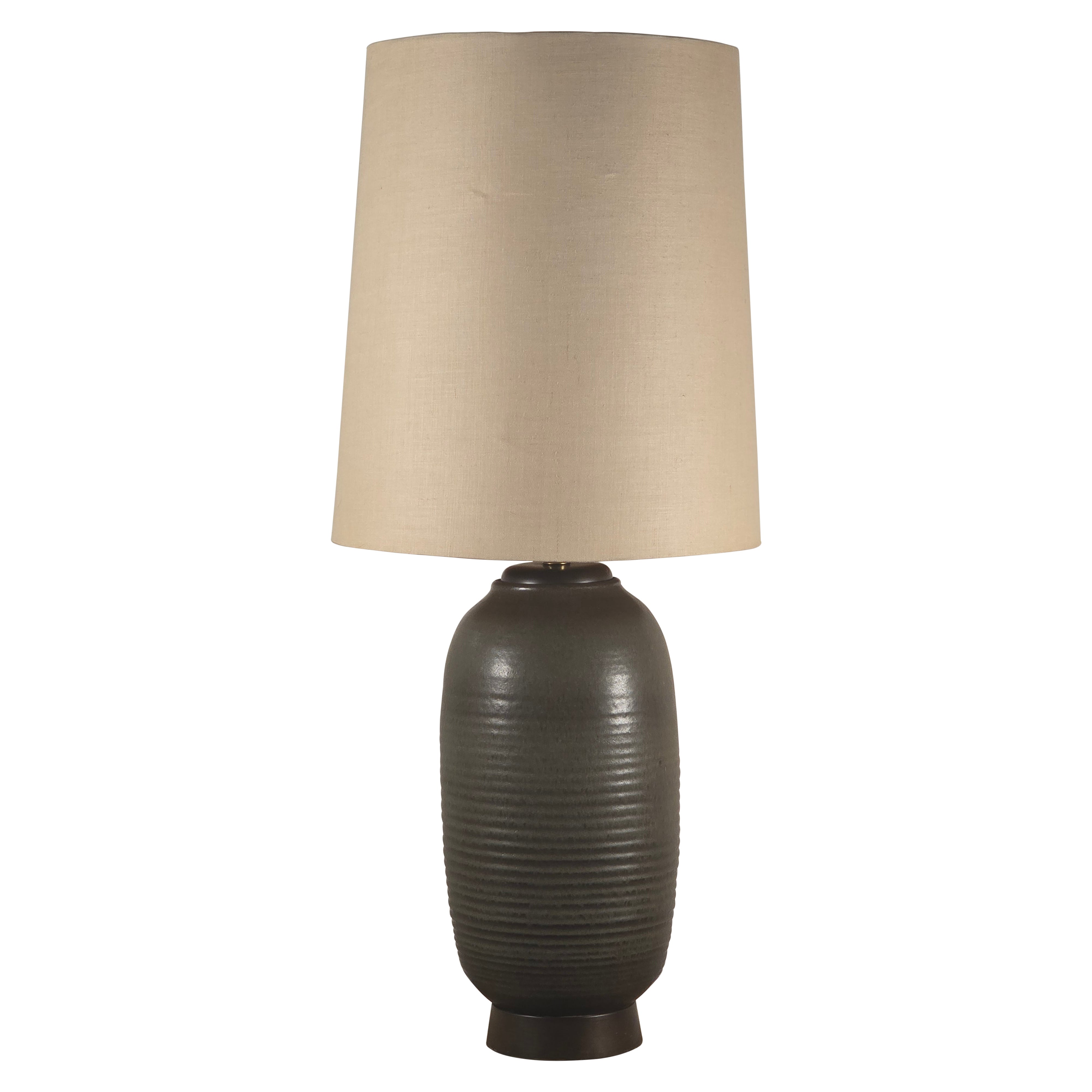 Design Technics Tall Ceramic Table Lamp with Walnut Base For Sale