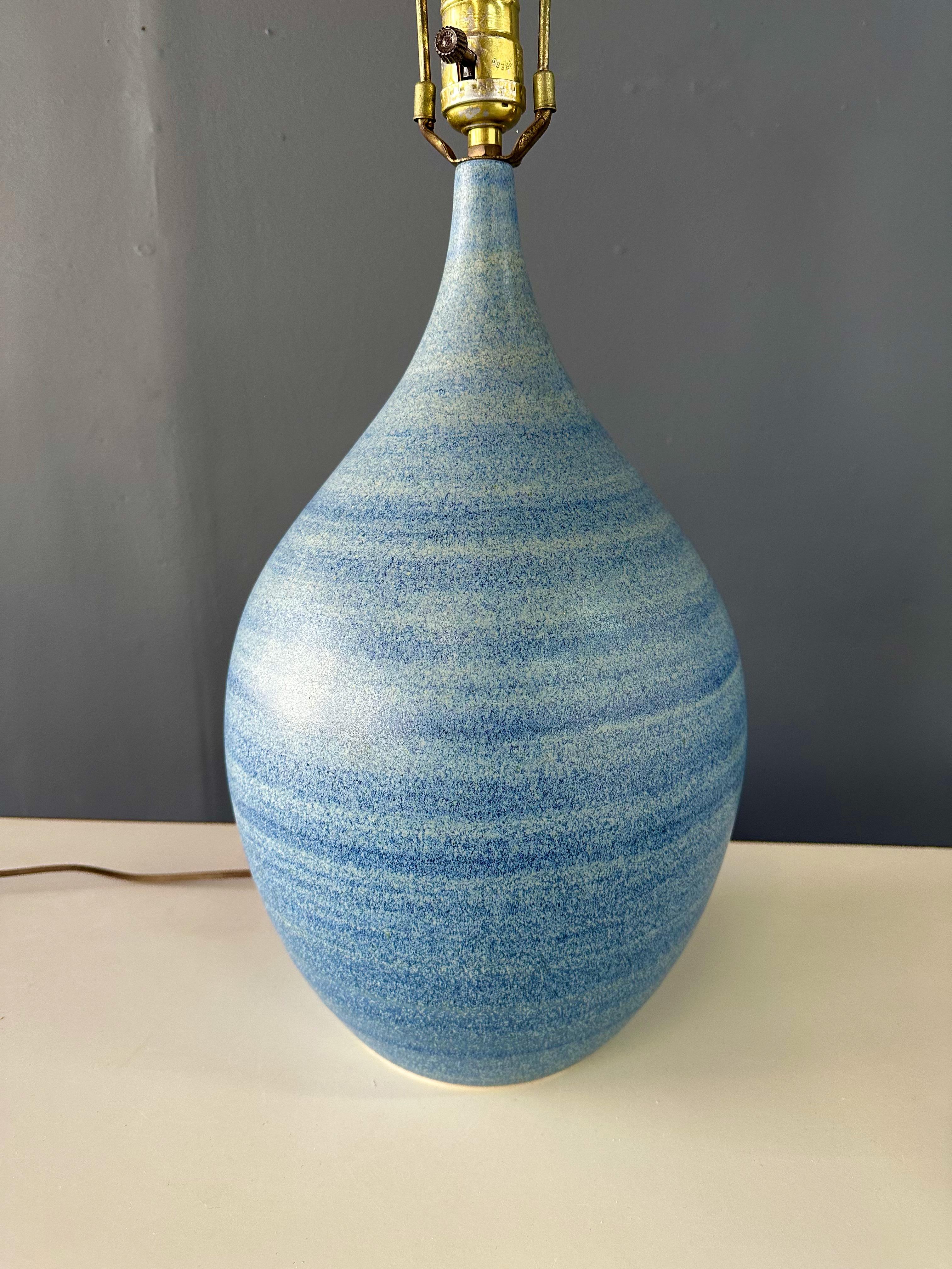 North American Design Technics Teardrop Shaped Table Lamp with a Glaze of Blues & Gray For Sale
