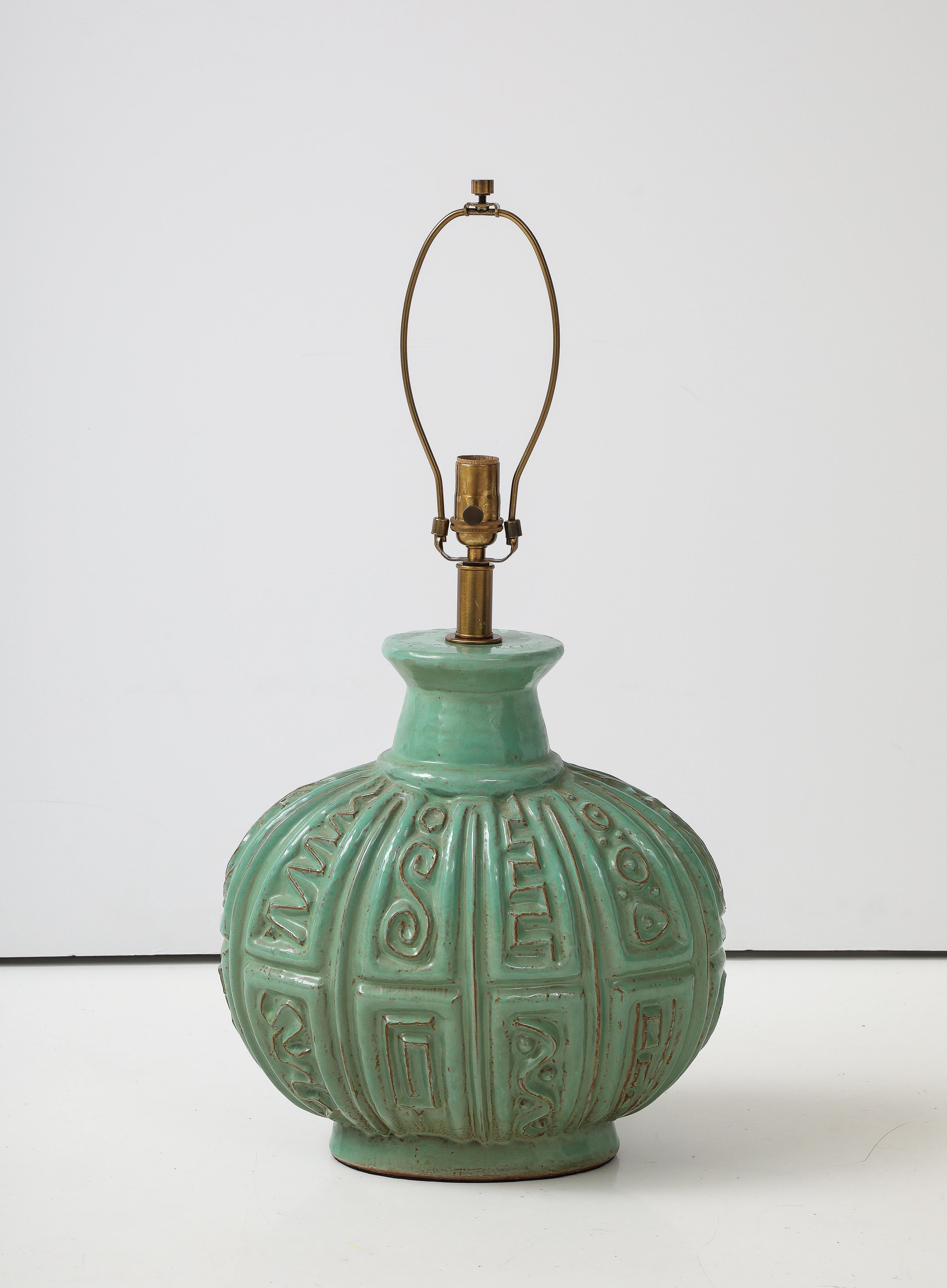 Mid-Century Modern Lampe en céramique vert jade Design Technics en vente