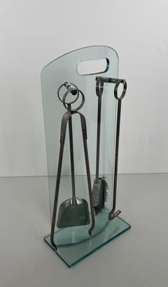 Design Tempered Glass and Brass Fireplace Stand with Brushed Aluminium Tools