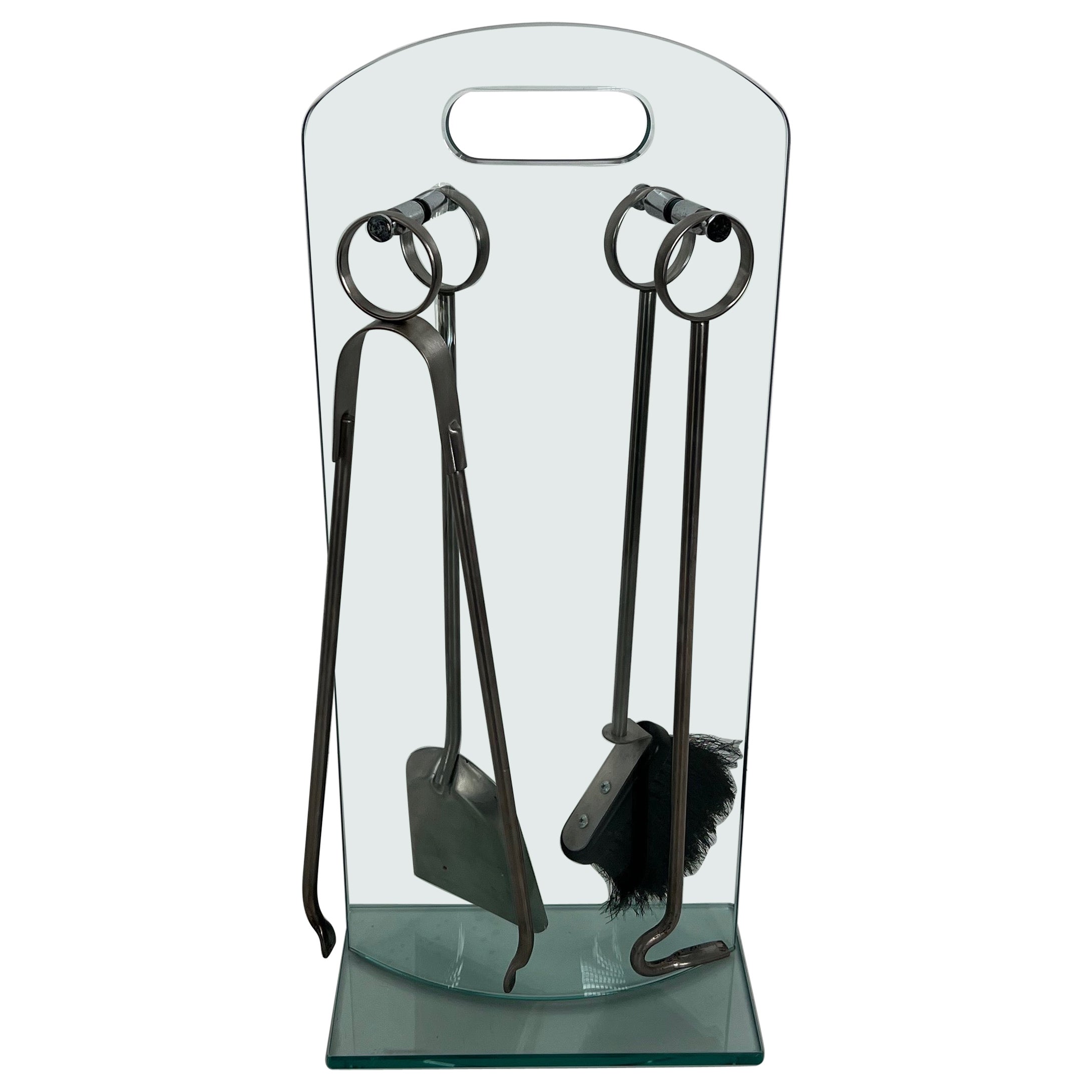 Design Tempered Glass and Brass Fireplace Stand with Brushed Aluminium Tools For Sale