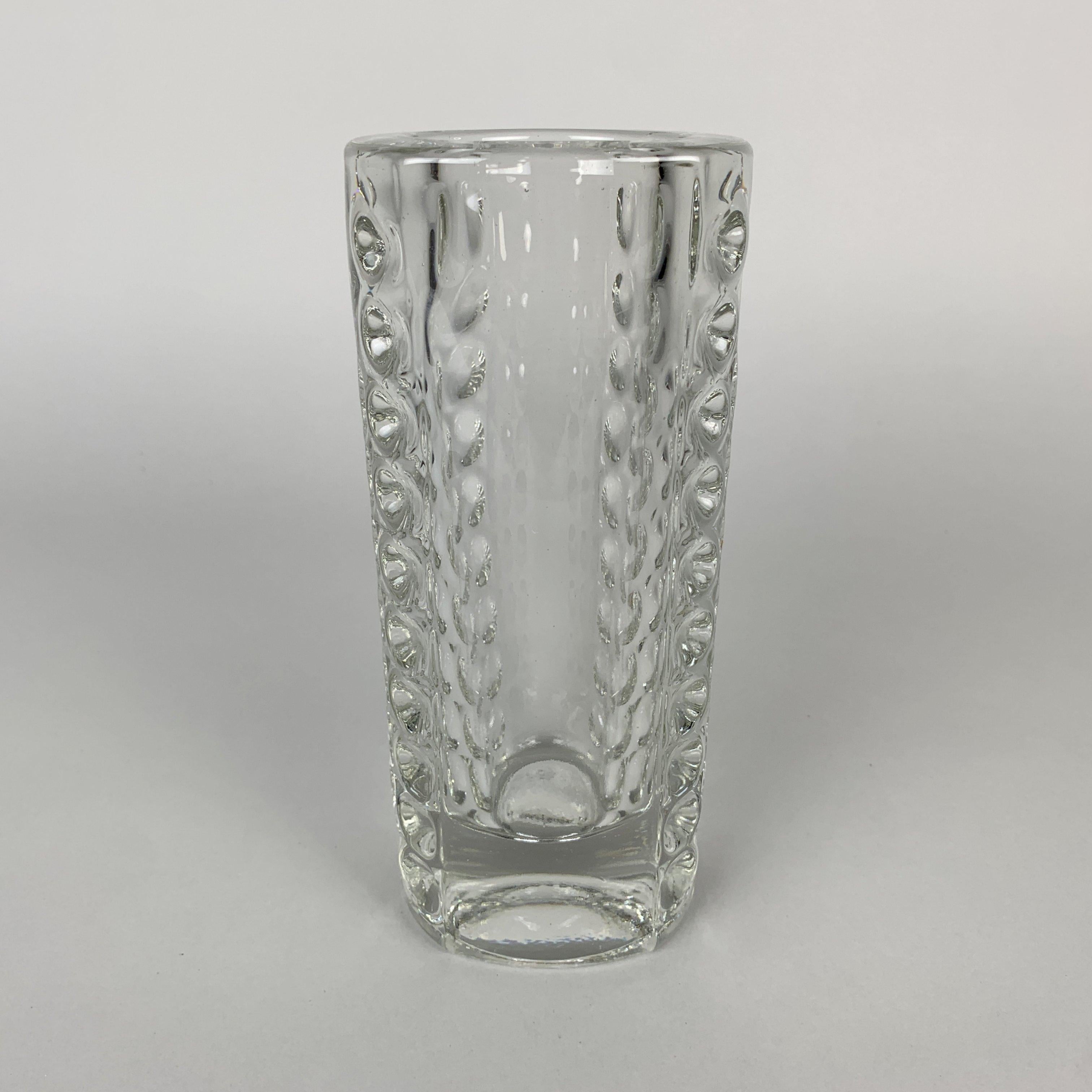 Heavy pressed glass vase designed by Rudol Jurnikl in 1962 and produced by Rudolfova Hut Glassworks in the city of Dubi in Czechoslovakia.