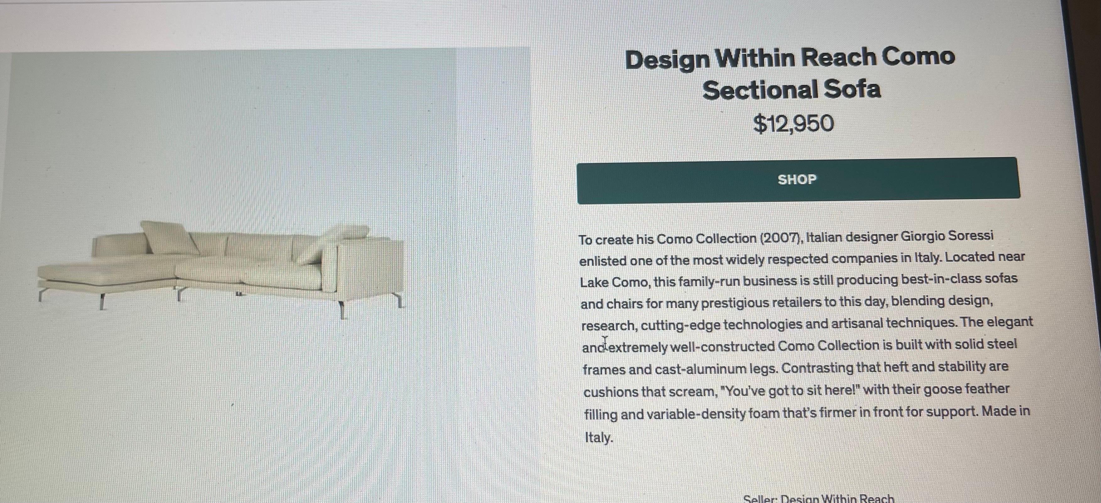 Design Within Reach DWR Como Sectional Sofa by Giorgio Soressi Made in Italy 9