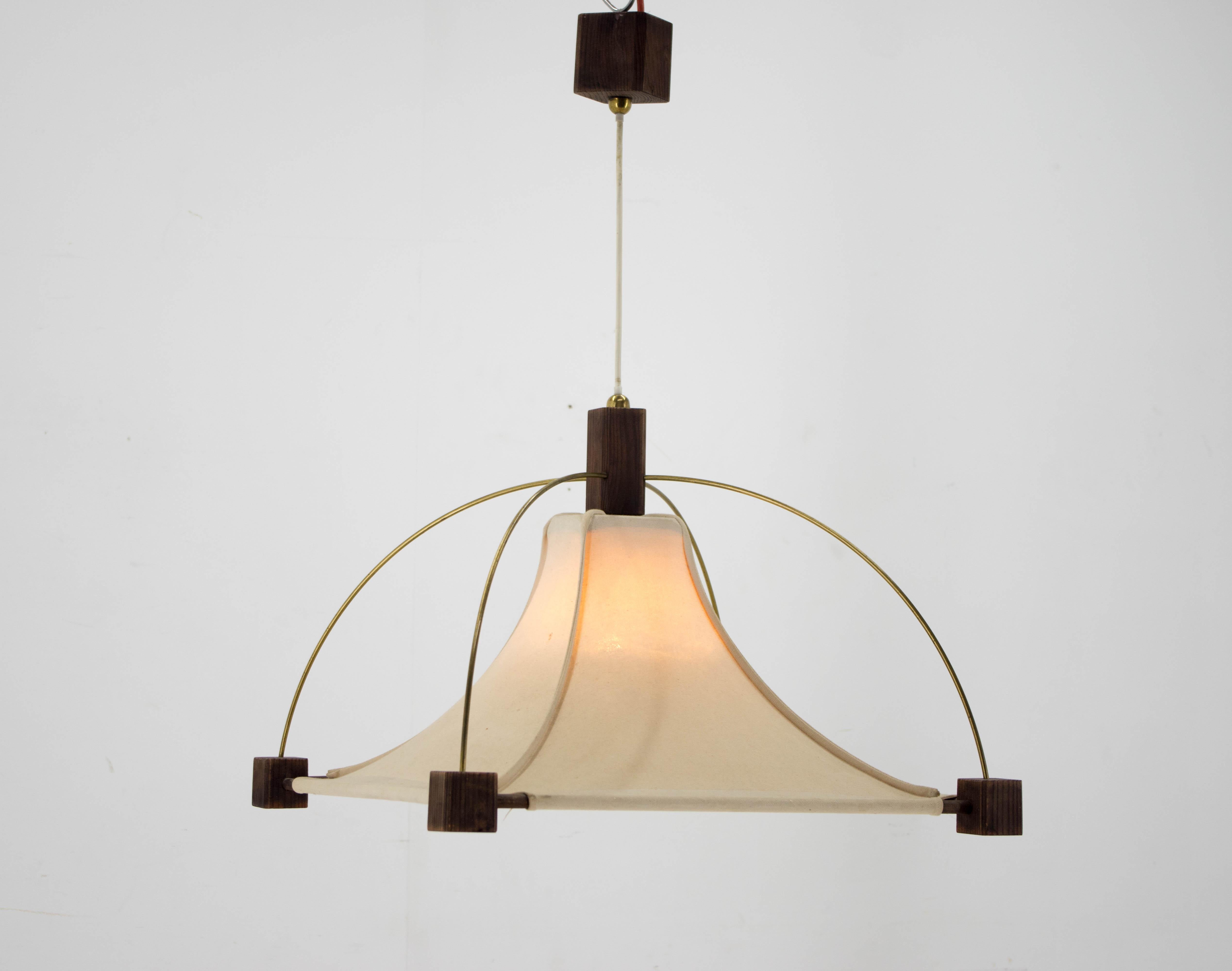 Modern Design Wood Brass and Fabric Chandelier, 1980s For Sale