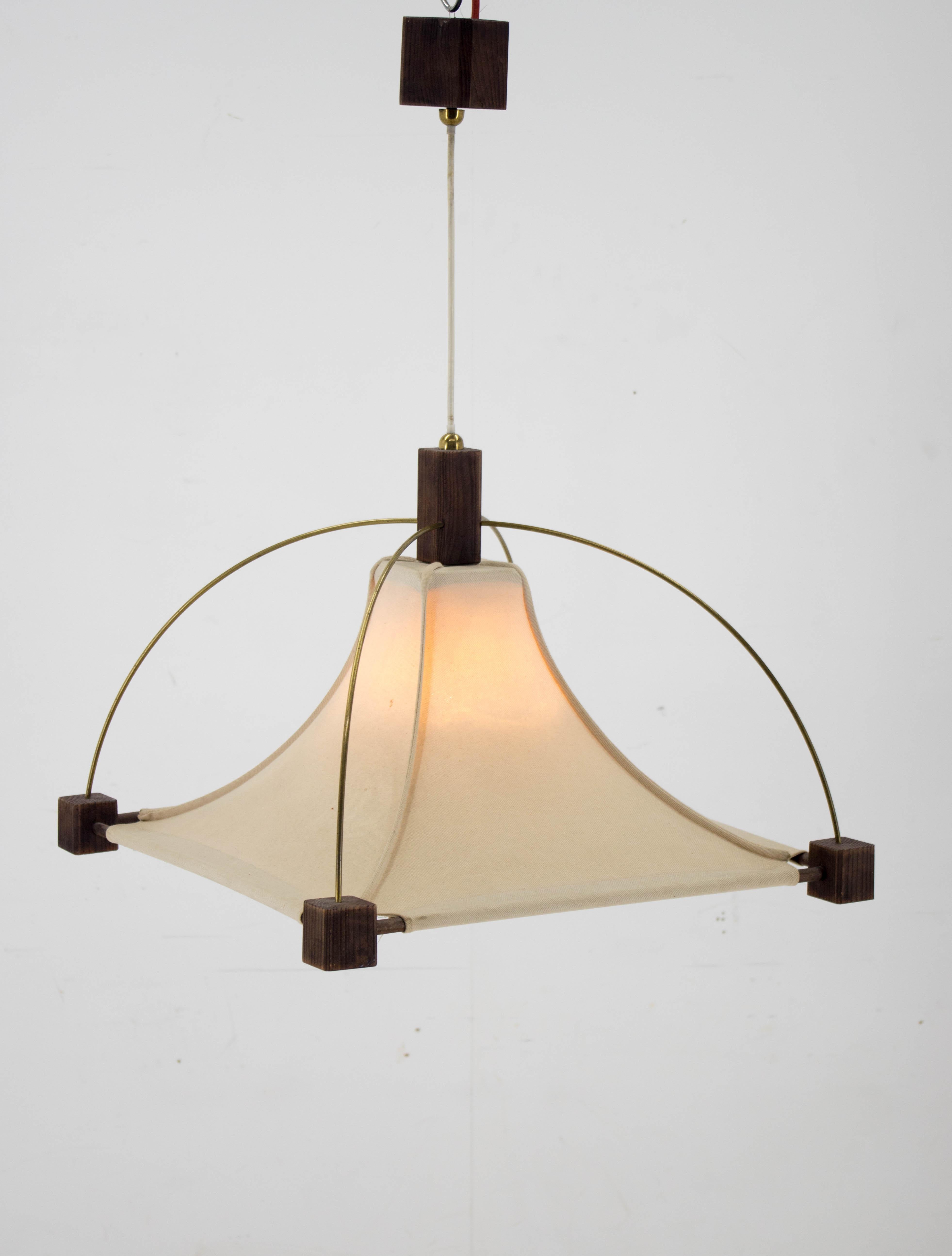 European Design Wood Brass and Fabric Chandelier, 1980s For Sale