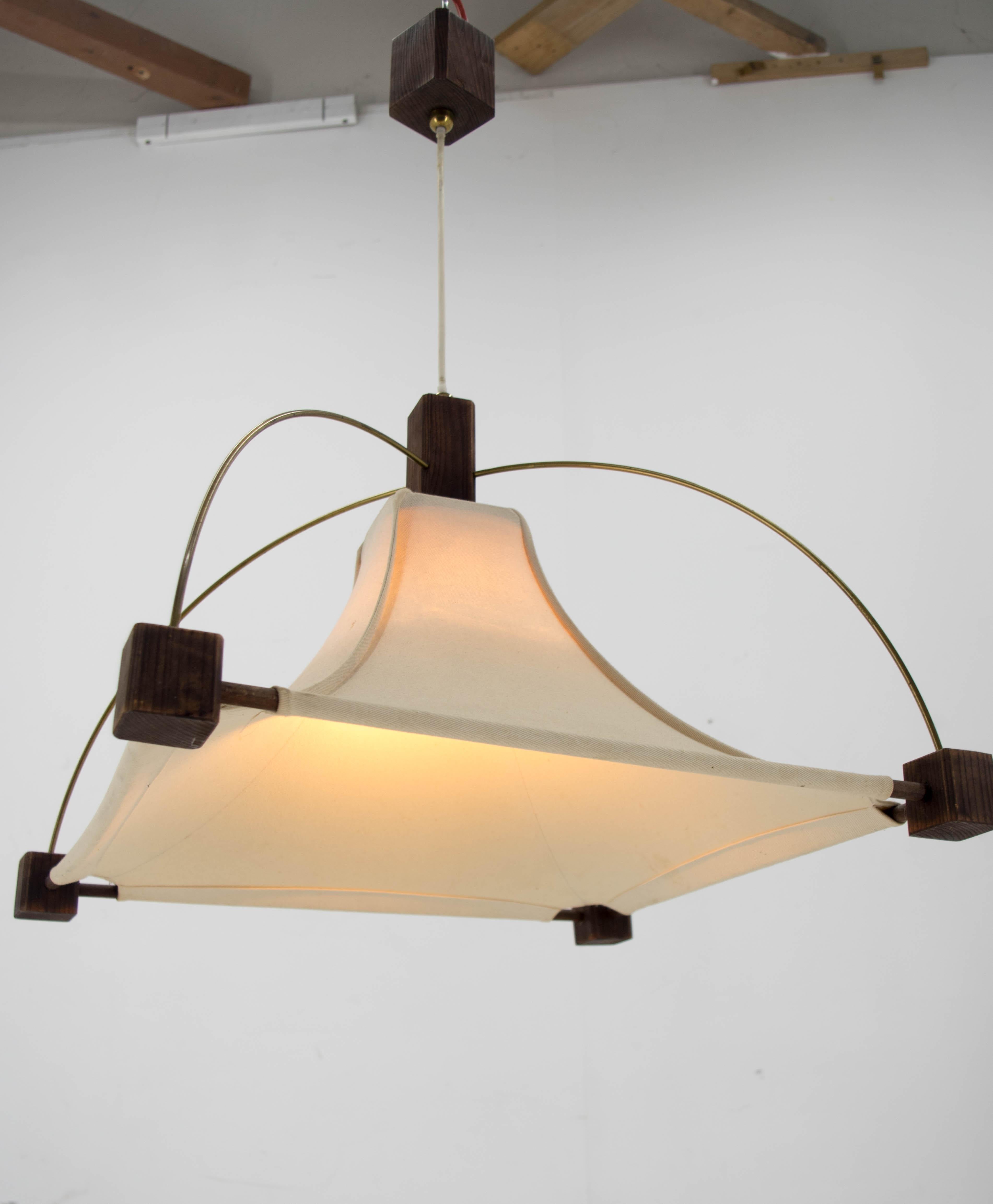 Late 20th Century Design Wood Brass and Fabric Chandelier, 1980s For Sale