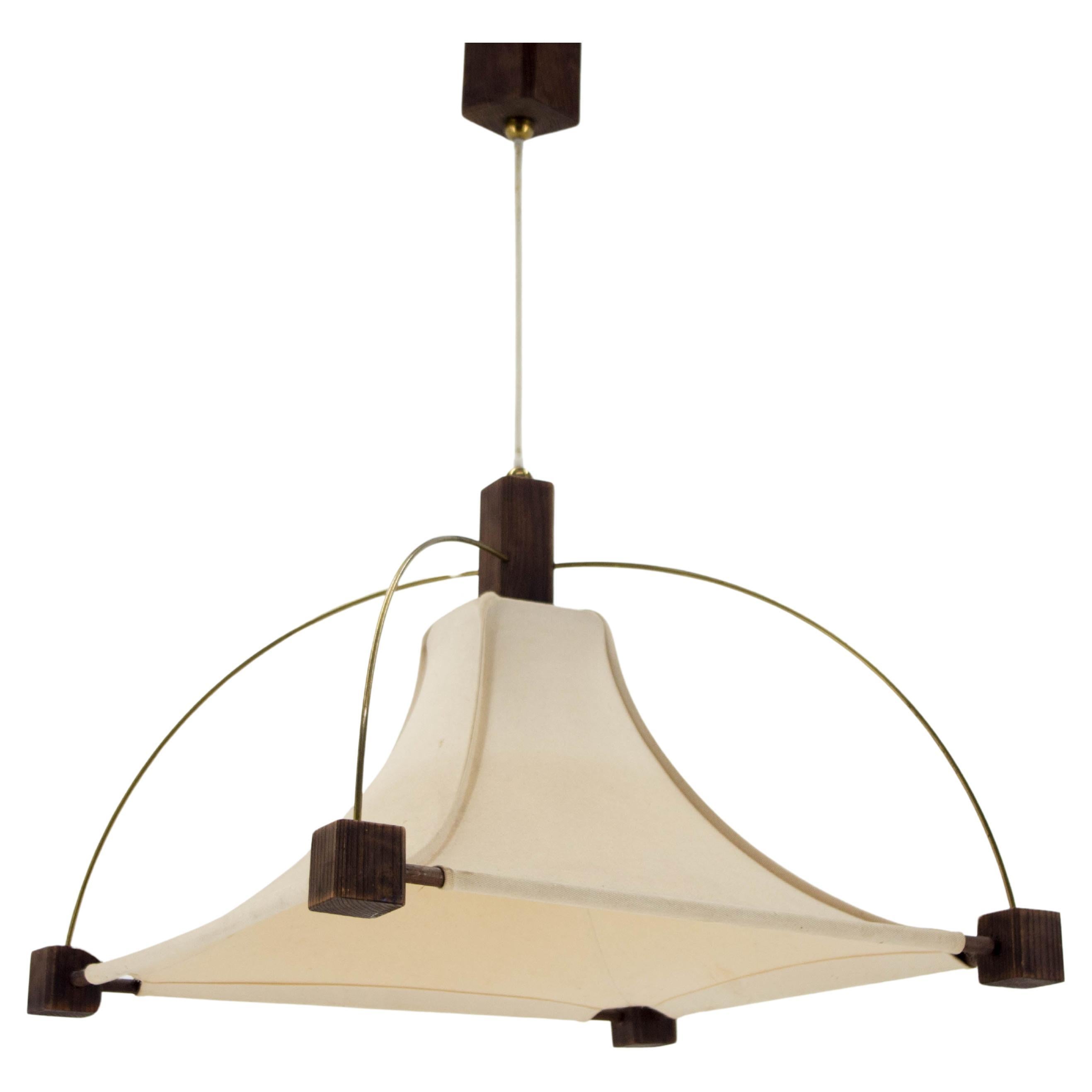 Design Wood Brass and Fabric Chandelier, 1980s For Sale