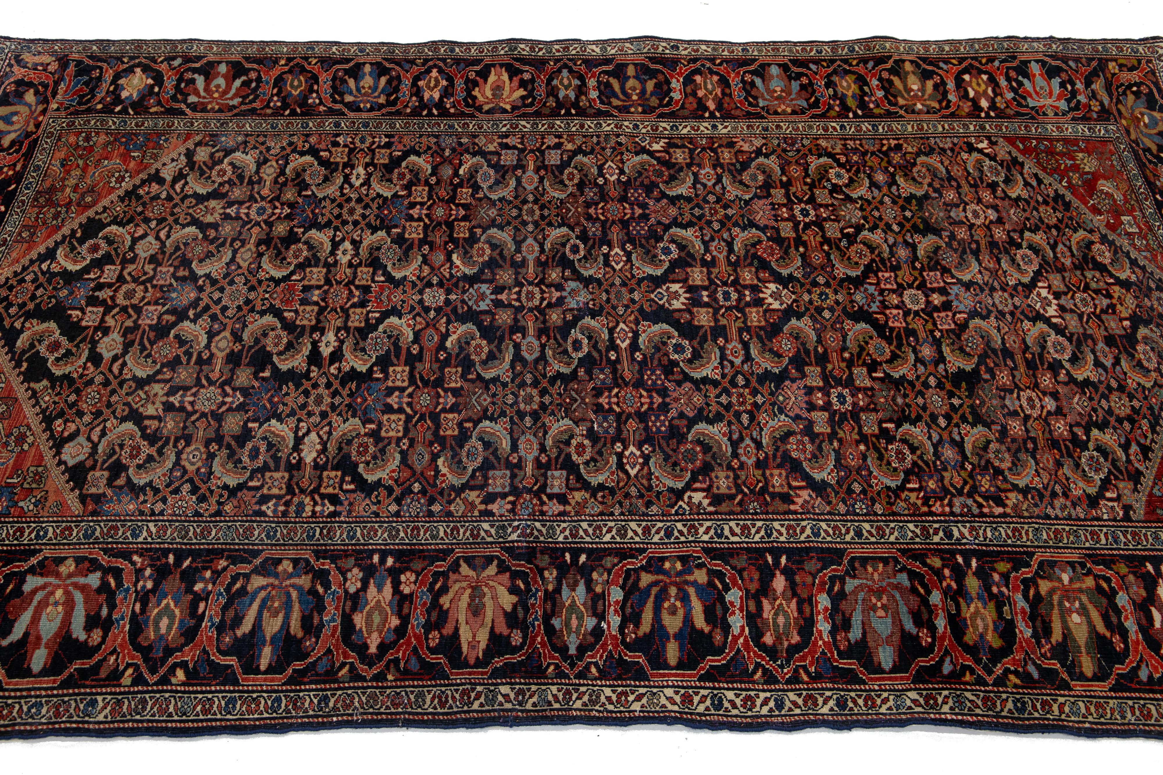 20ième siècle Tapis persan Malayer ancien en laine éparpillée bleu foncé en vente
