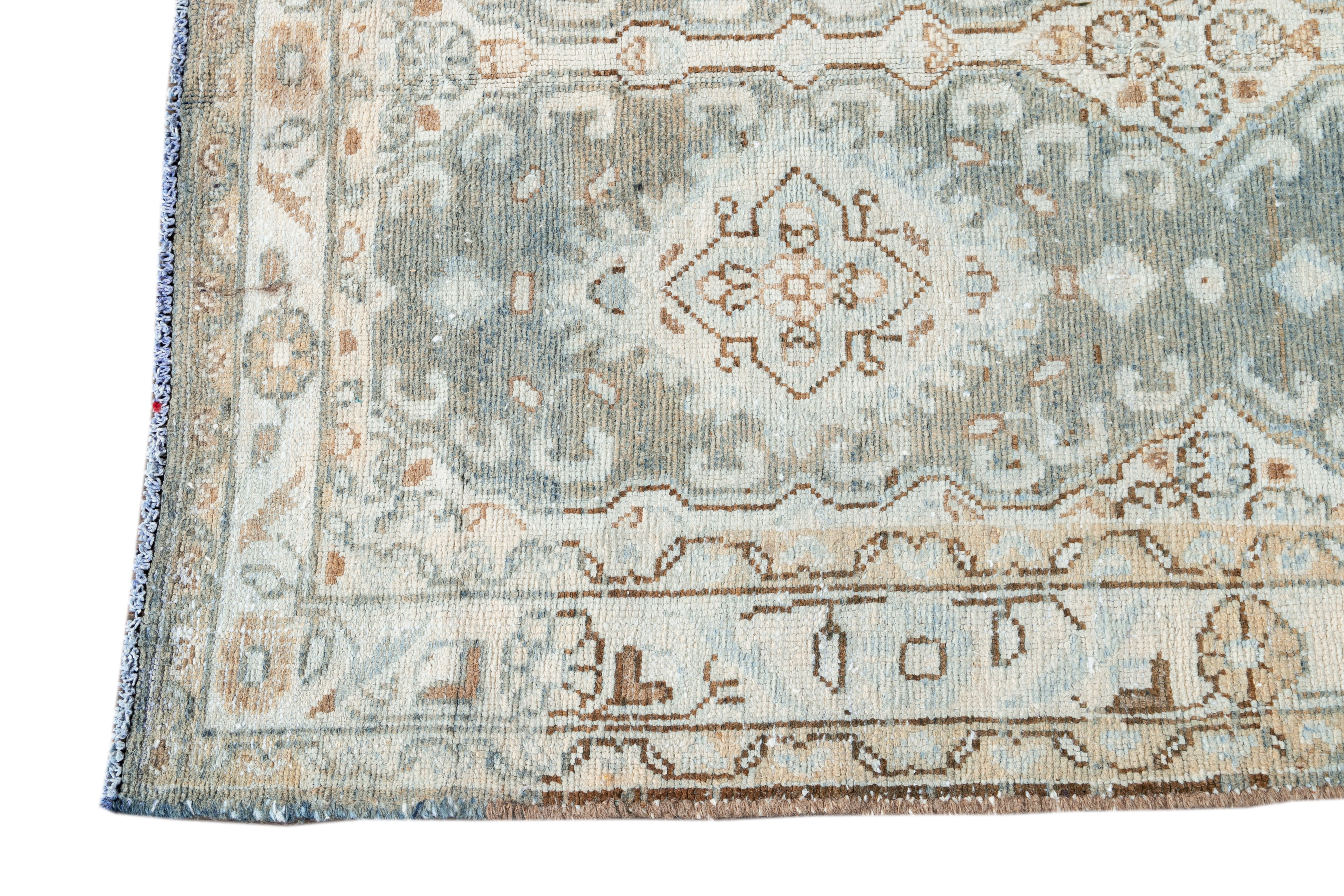 Hand-Knotted Designed Antique Persian Malayer Wool Runner Handmade In Light Blue For Sale