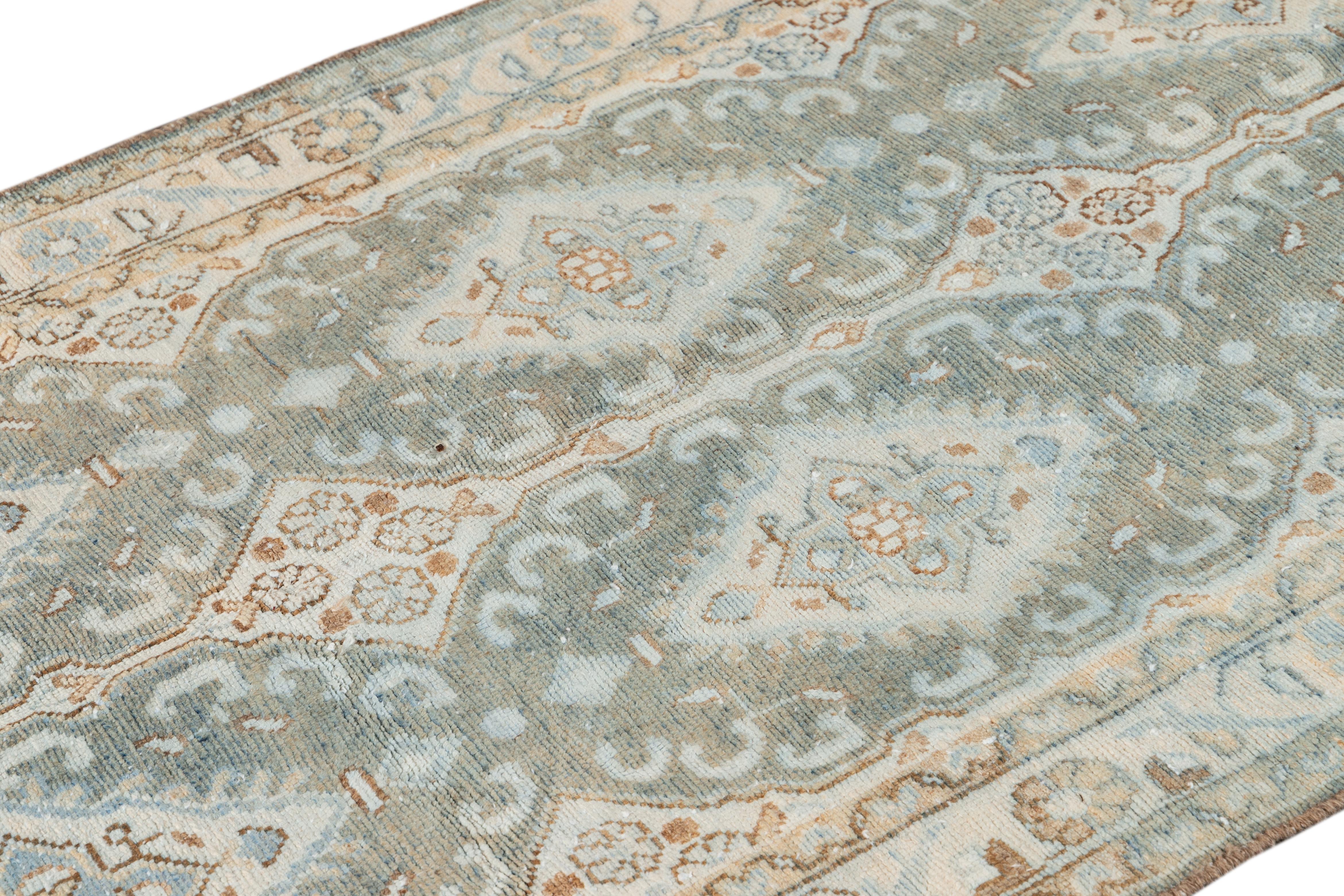 Designed Antique Persian Malayer Wool Runner Handmade In Light Blue For Sale 1