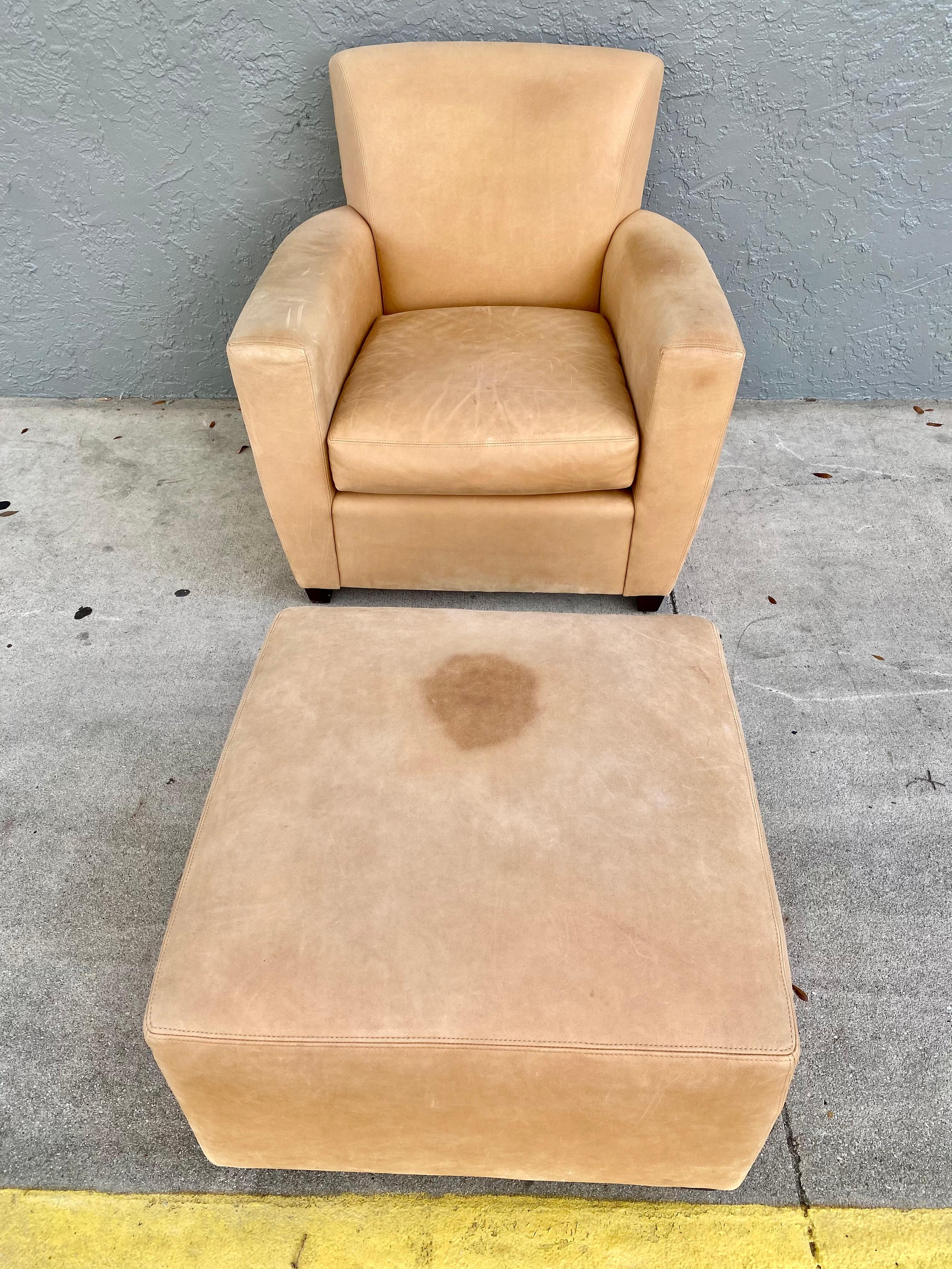 American Designed by Coach, Inc. for Baker Natural Leather Curved Chair and Ottoman For Sale