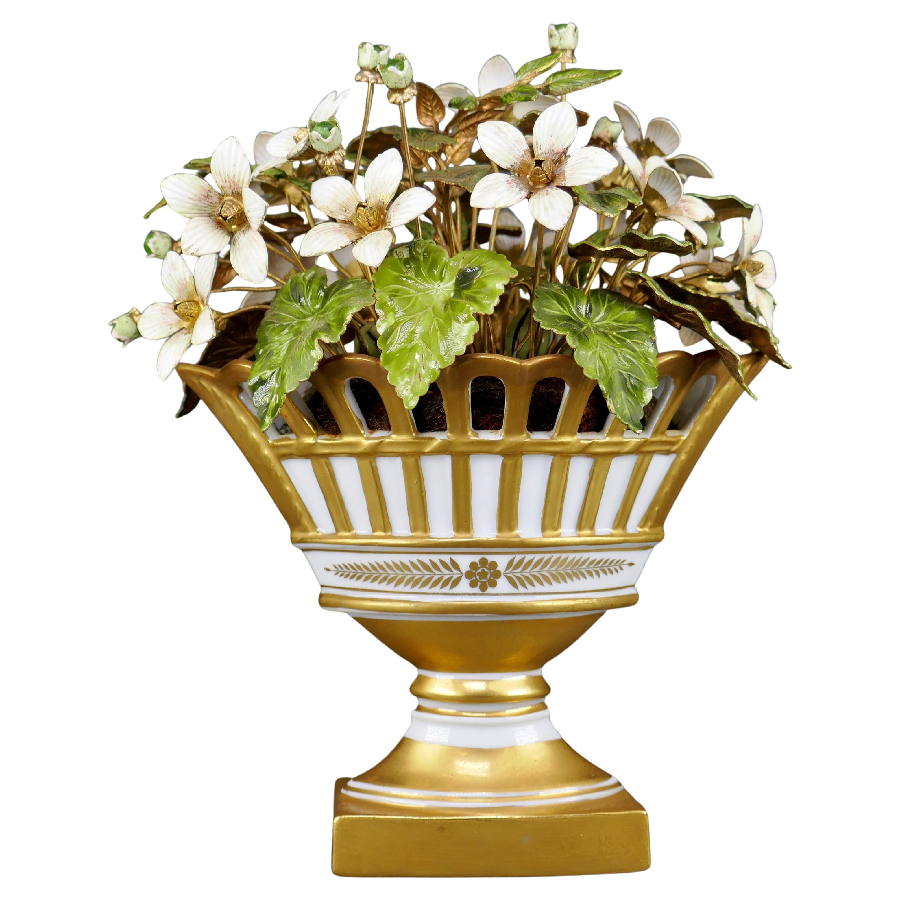 Designed By Jane Hutcheson for Gorham Gilt Porcelain Enamel Flower Basket For Sale