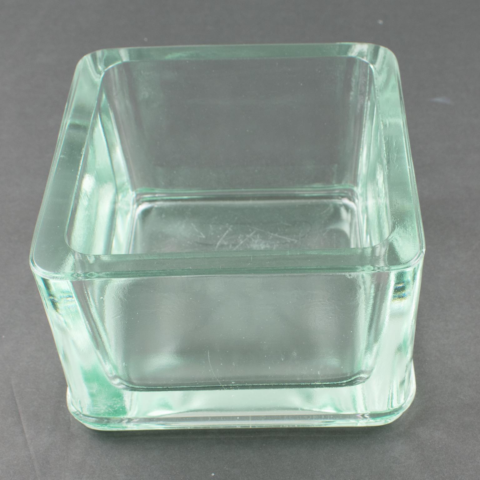 Industrial thick molded glass desktop accessory, desk tidy, cigar ashtray or catchall, manufactured by Lumax, France. Original design by Le Corbusier. Molded marking on side reads 