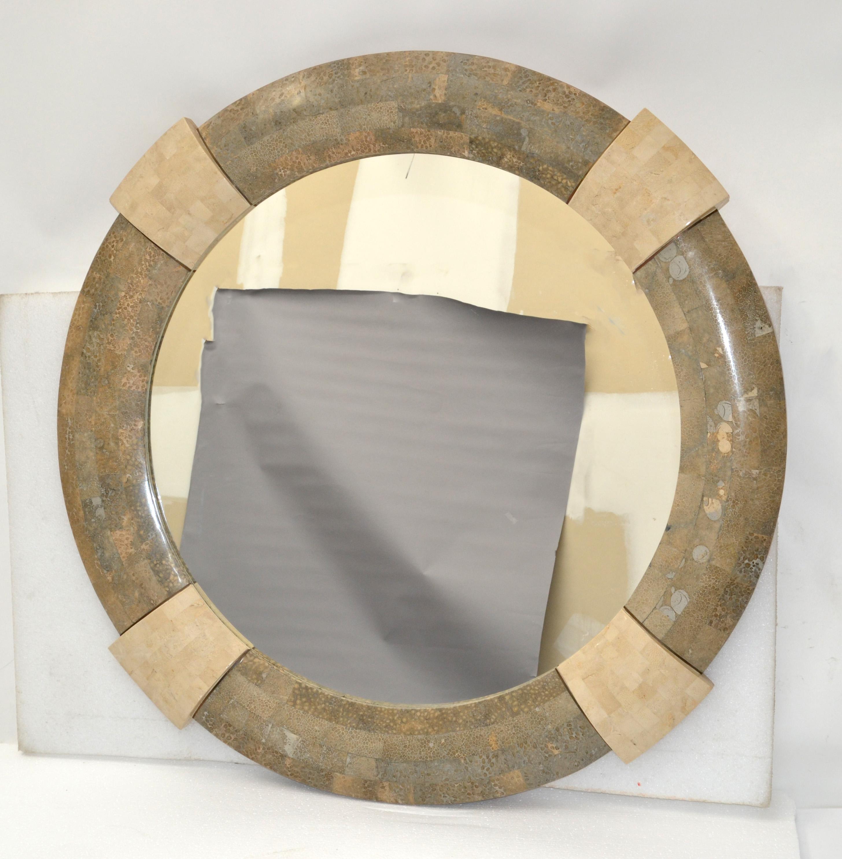 Hand-Crafted Designed by Robert Marcius for Maitland-Smith Round Tessellated Wall Mirror 1980 For Sale