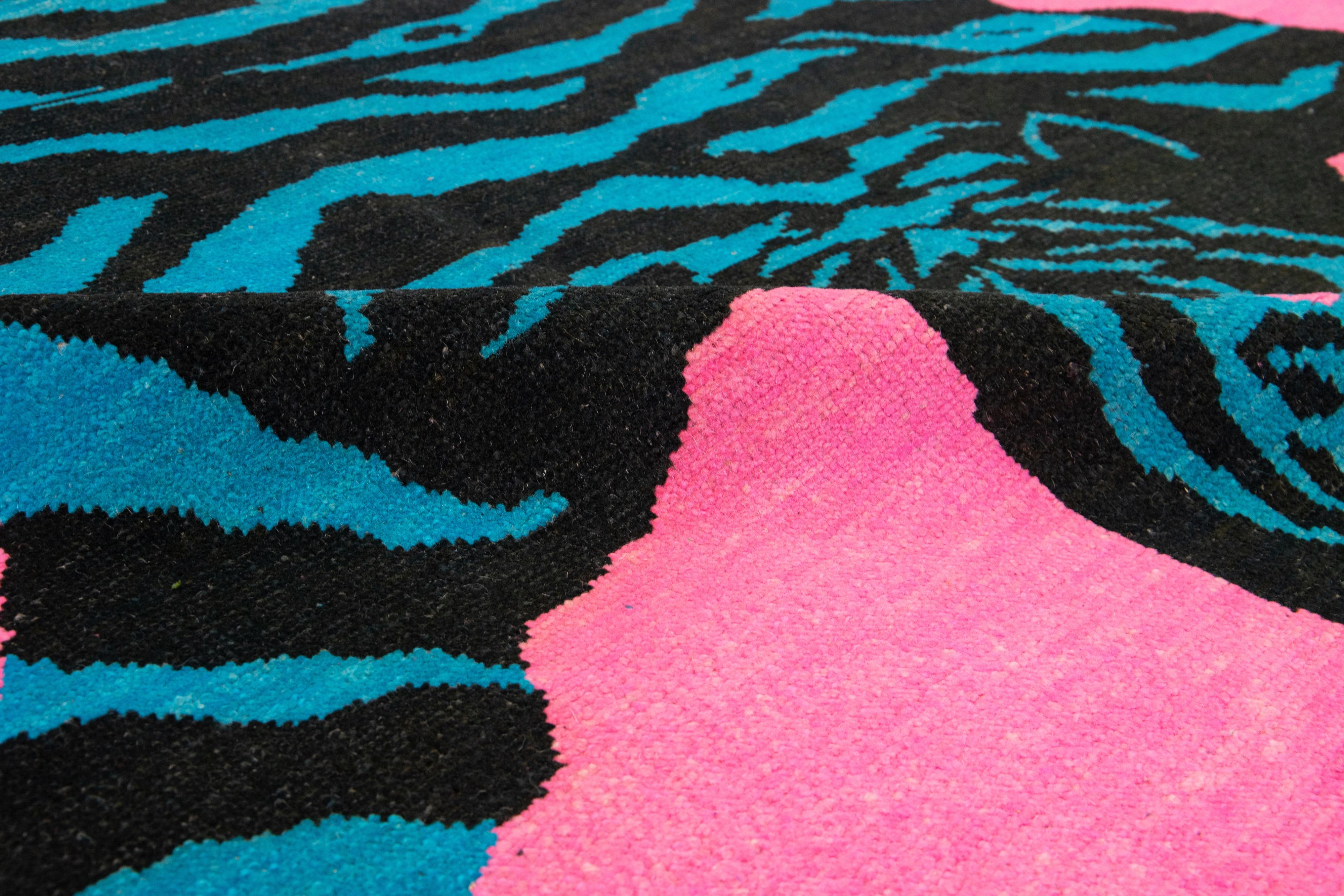 Tiger Designed Hand-Knotted Turkish Wool Rug In Pink For Sale 5