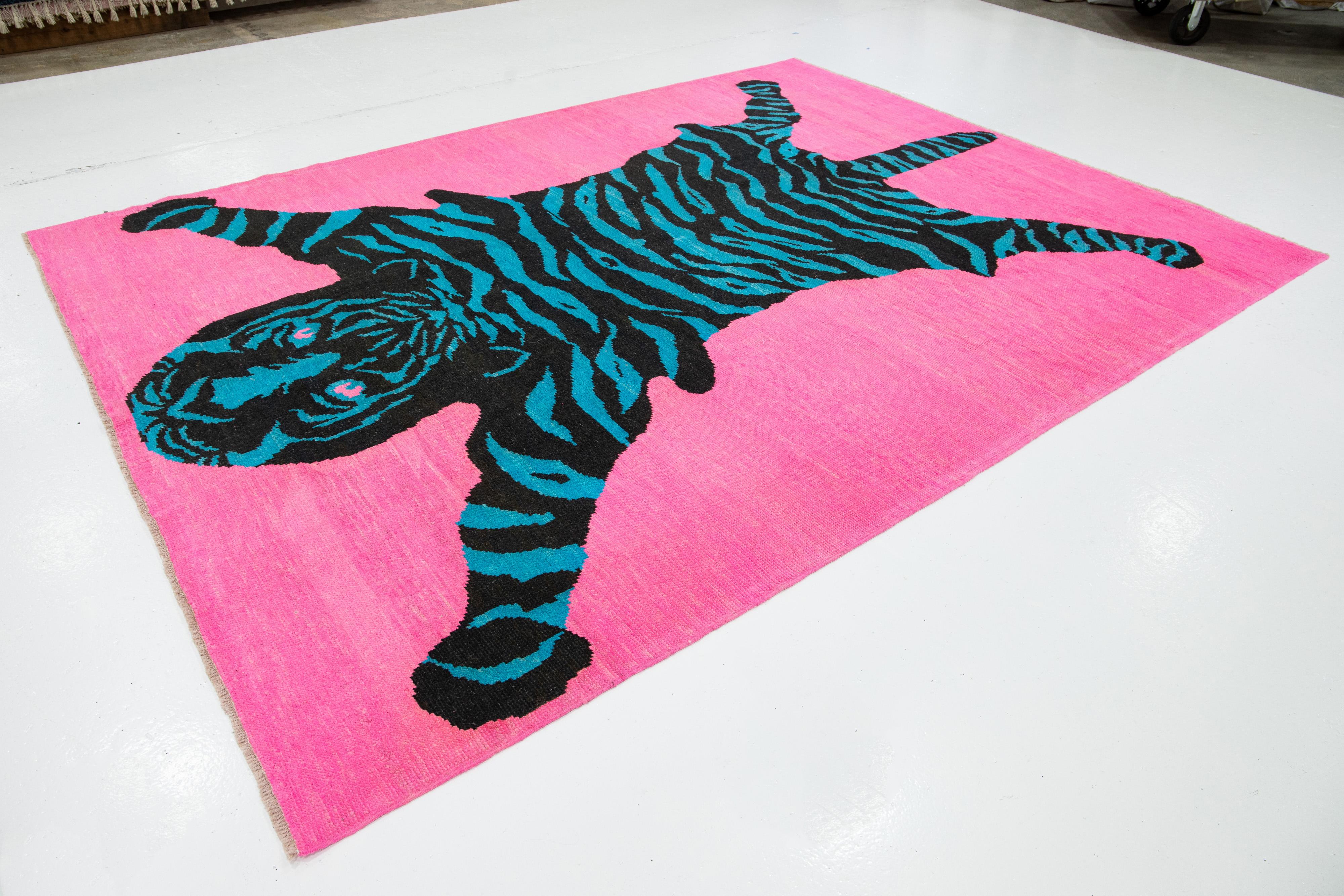 Art Deco Tiger Designed Hand-Knotted Turkish Wool Rug In Pink For Sale